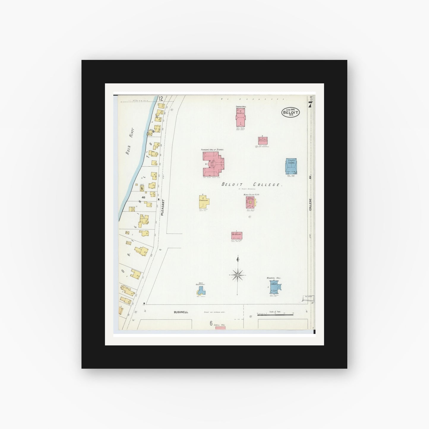 Old map wall art mockup — black gallery frame with white mat — Sanborn Fire Insurance Map from Beloit, Rock County, Wisconsin (1902), Sheet #0007