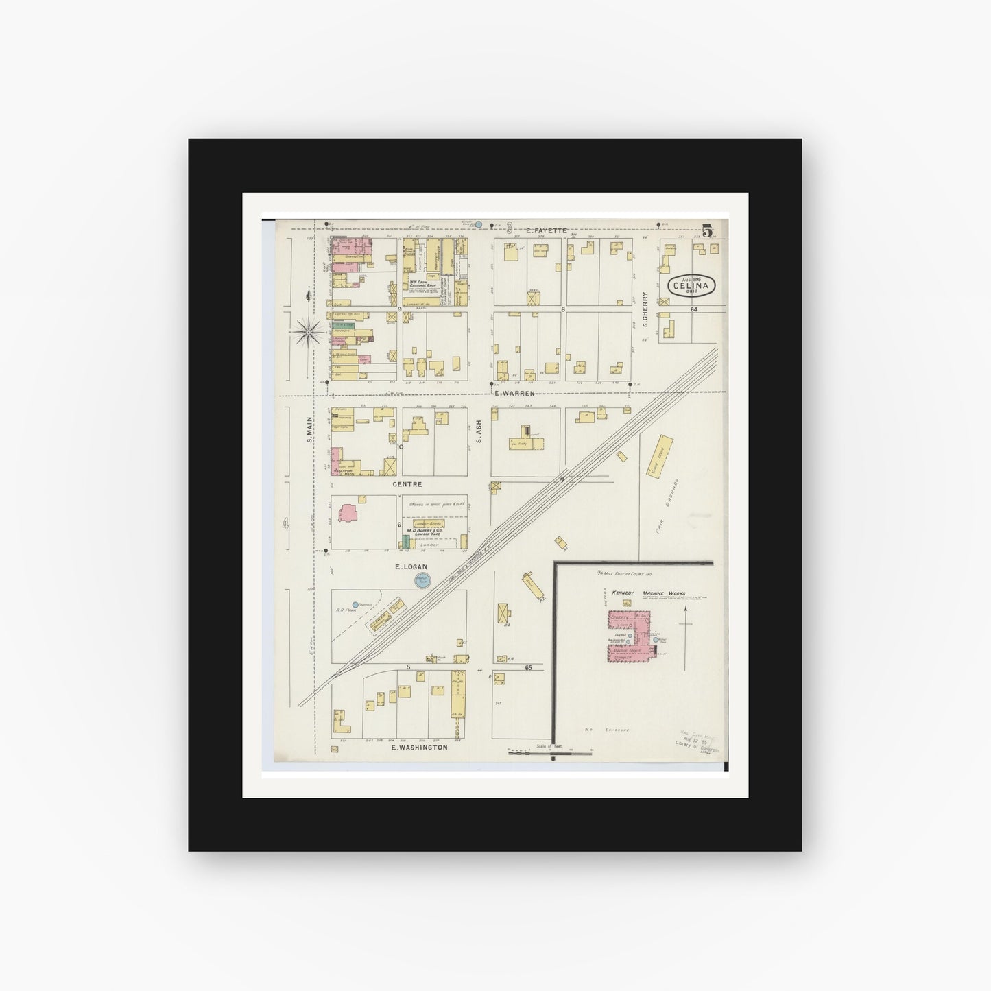 Old map wall art mockup — black gallery frame with white mat — Sanborn Fire Insurance Map from Celina, Mercer County, Ohio (1895), Sheet #0005