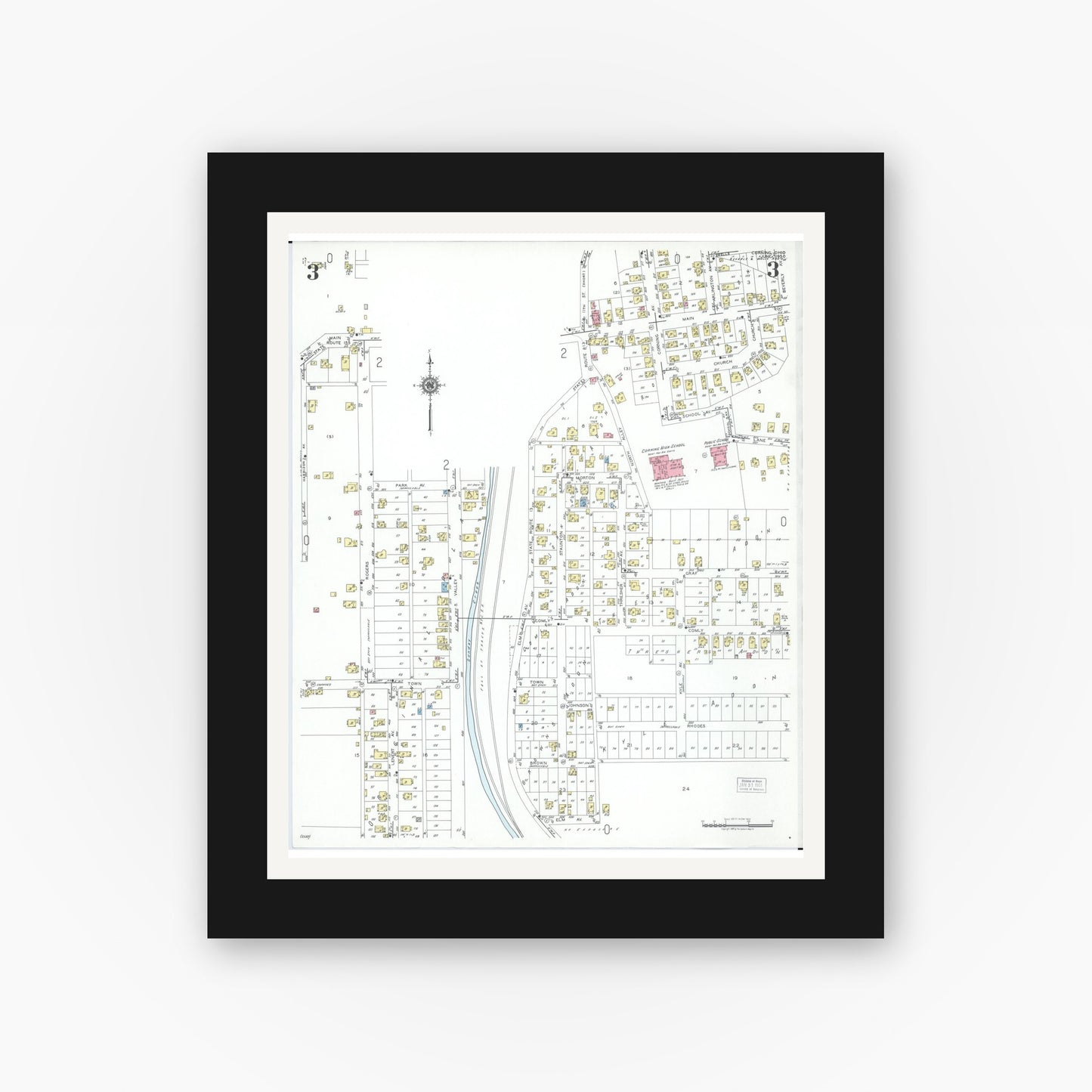 Old map wall art mockup — black gallery frame with white mat — Sanborn Fire Insurance Map from Corning, Perry County, Ohio (1950), Sheet #0003