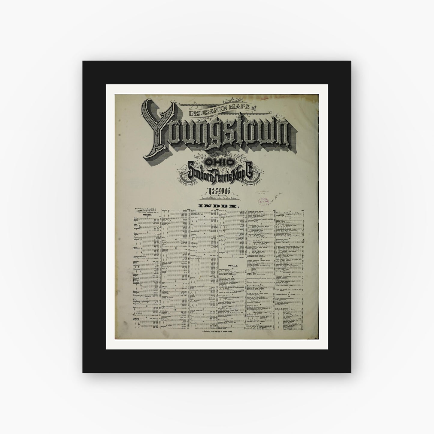 Old map wall art mockup — black gallery frame with white mat — Sanborn Fire Insurance Map from Youngstown, Mahoning County, Ohio (1896), Sheet #0001