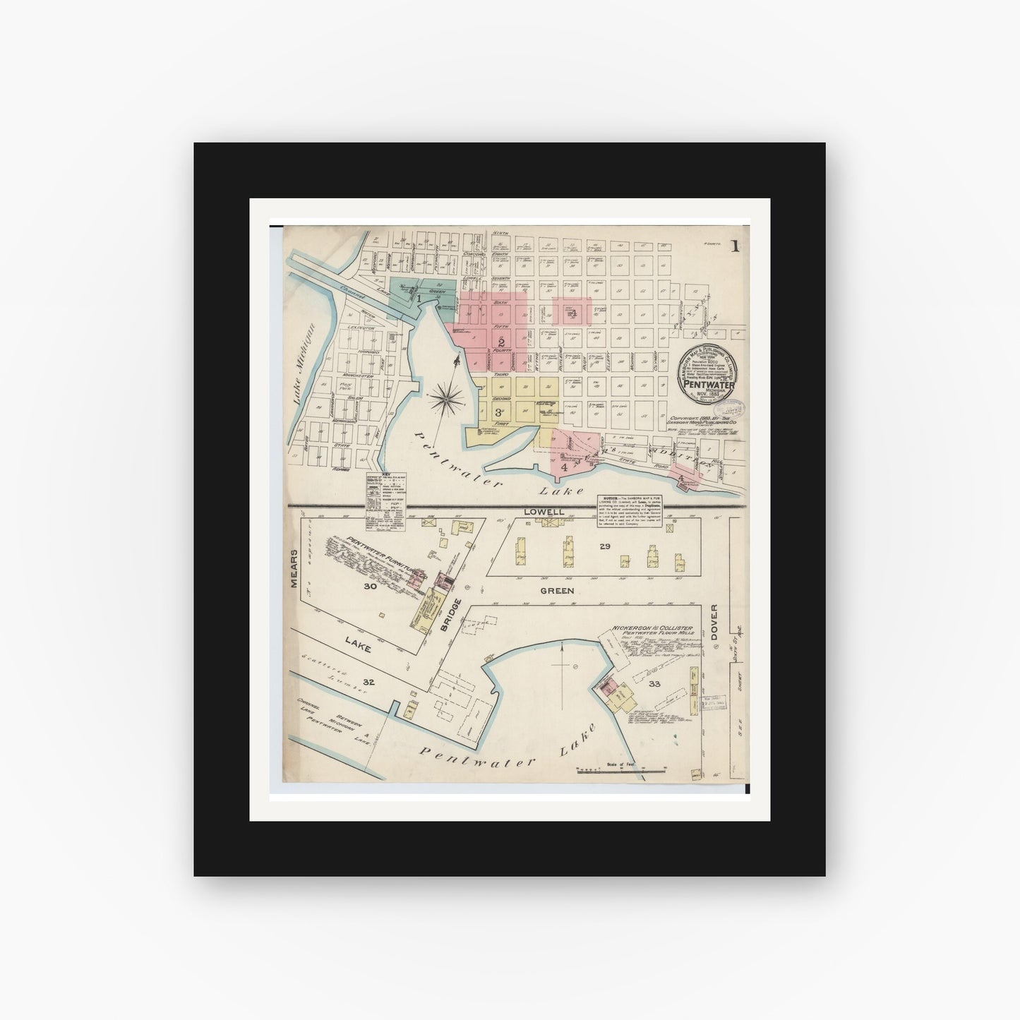 Old map wall art mockup — black gallery frame with white mat — Sanborn Fire Insurance Map from Pentwater, Oceana County, Michigan (1883) - Complete Map Set