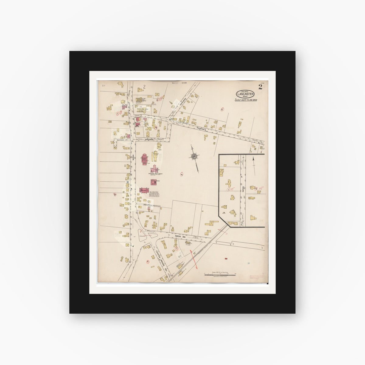 Old map wall art mockup — black gallery frame with white mat — Sanborn Fire Insurance Map from Lancaster, Worcester County, Massachusetts (1945), Sheet #0002