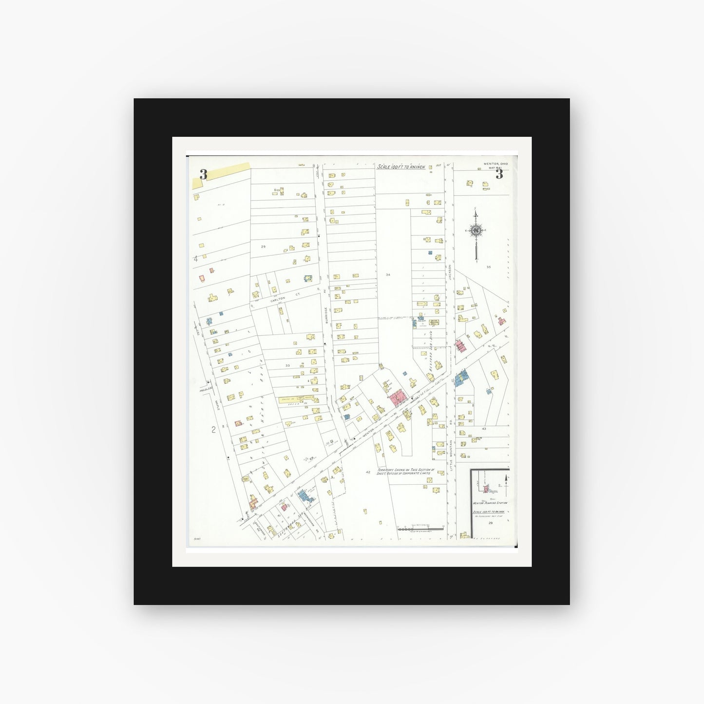 Old map wall art mockup — black gallery frame with white mat — Sanborn Fire Insurance Map from Mentor, Lake County, Ohio (1941), Sheet #0003
