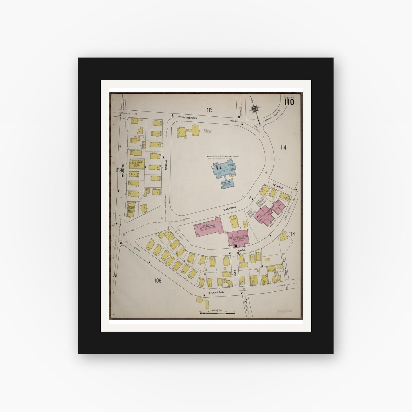 Old map wall art mockup — black gallery frame with white mat — Sanborn Fire Insurance Map from Worcester, Worcester County, Massachusetts (1910), Sheet #0110