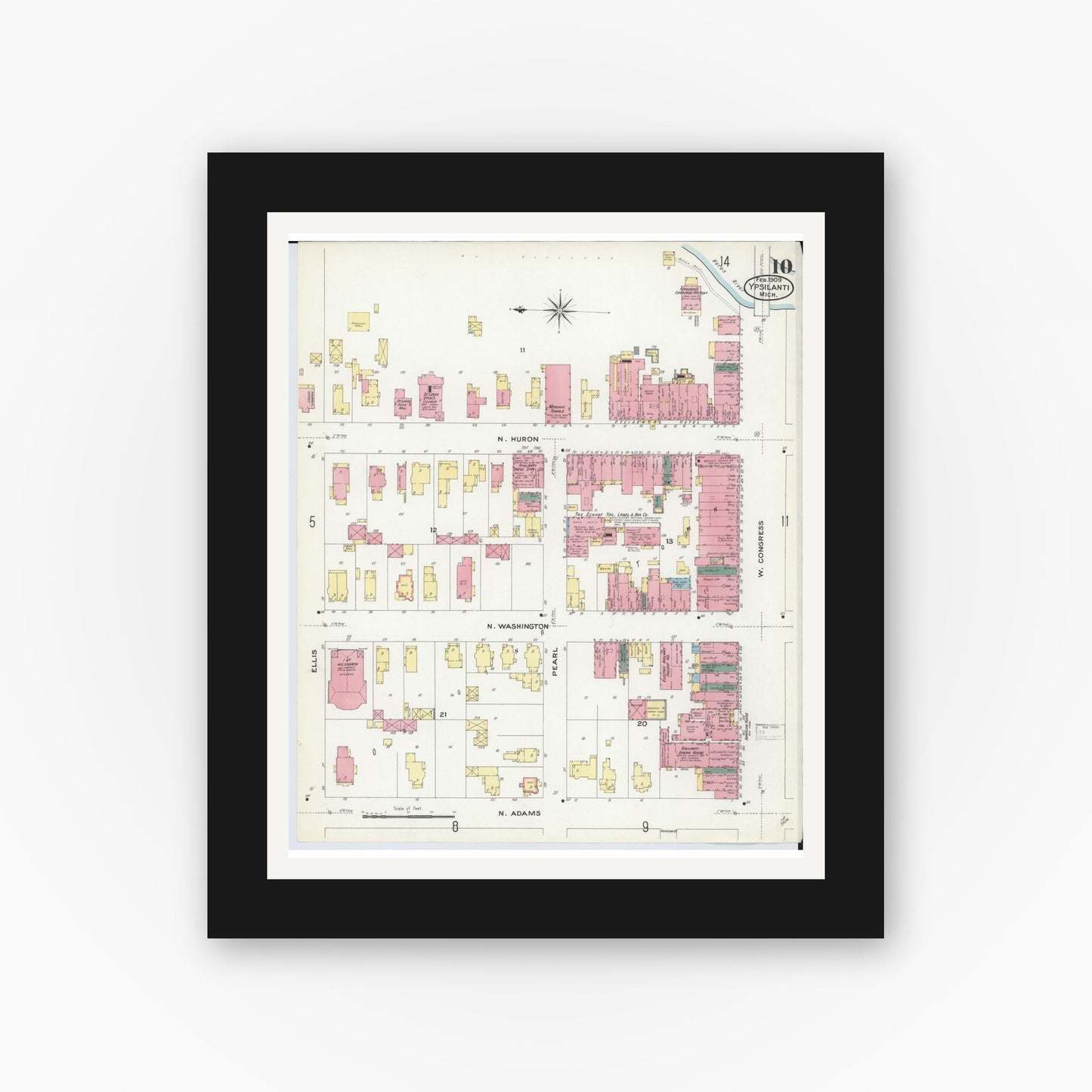 Old map wall art mockup — black gallery frame with white mat — Sanborn Fire Insurance Map from Ypsilanti, Washtenaw County, Michigan (1909), Sheet #0010