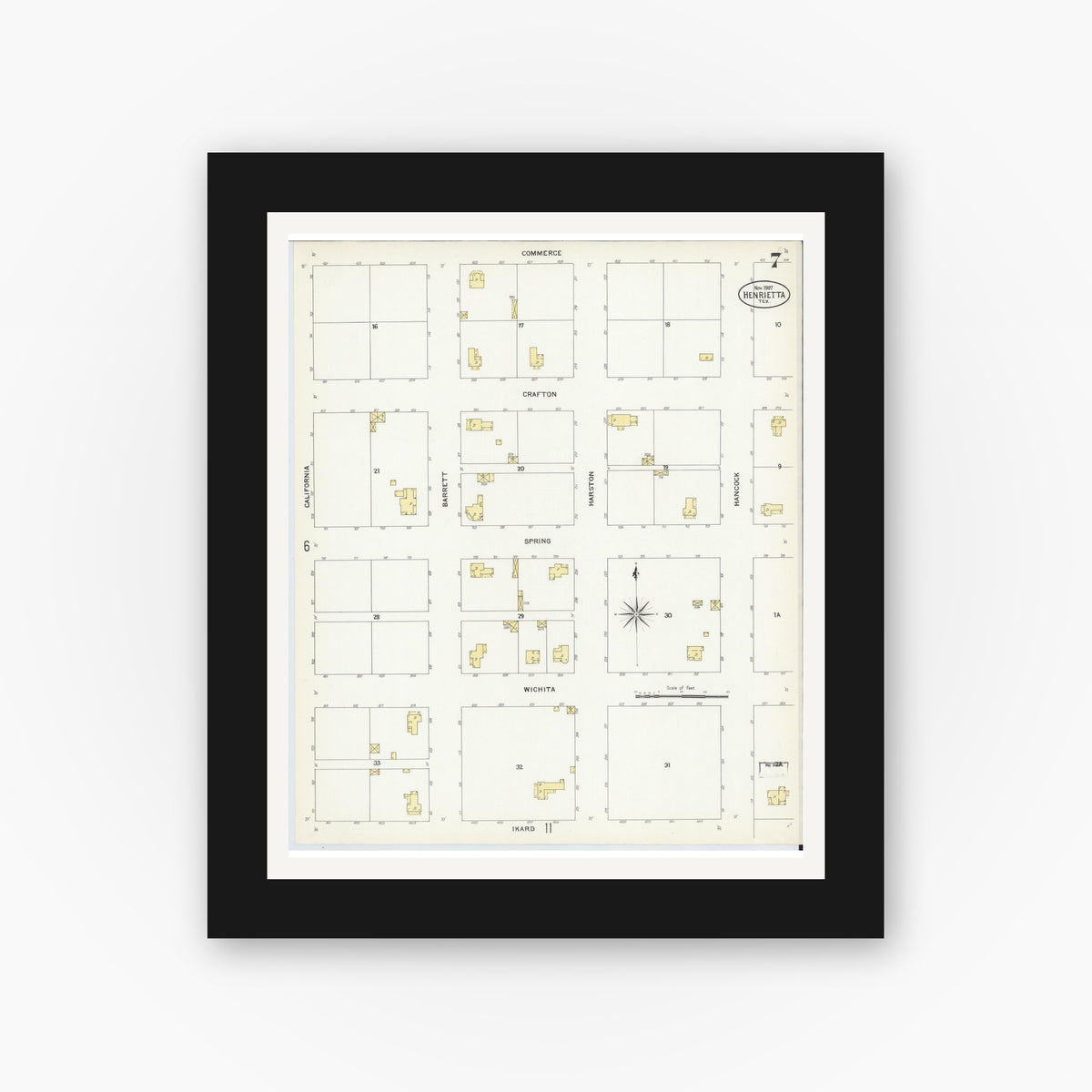 Old map wall art mockup — black gallery frame with white mat — Sanborn Fire Insurance Map from Henrietta, Clay County, Texas (1907), Sheet #0007