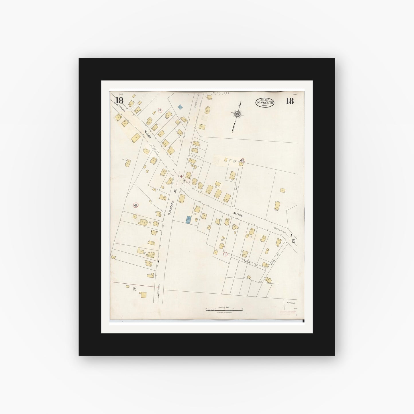 Old map wall art mockup — black gallery frame with white mat — Sanborn Fire Insurance Map from Plymouth, Plymouth County, Massachusetts (1948), Sheet #0018