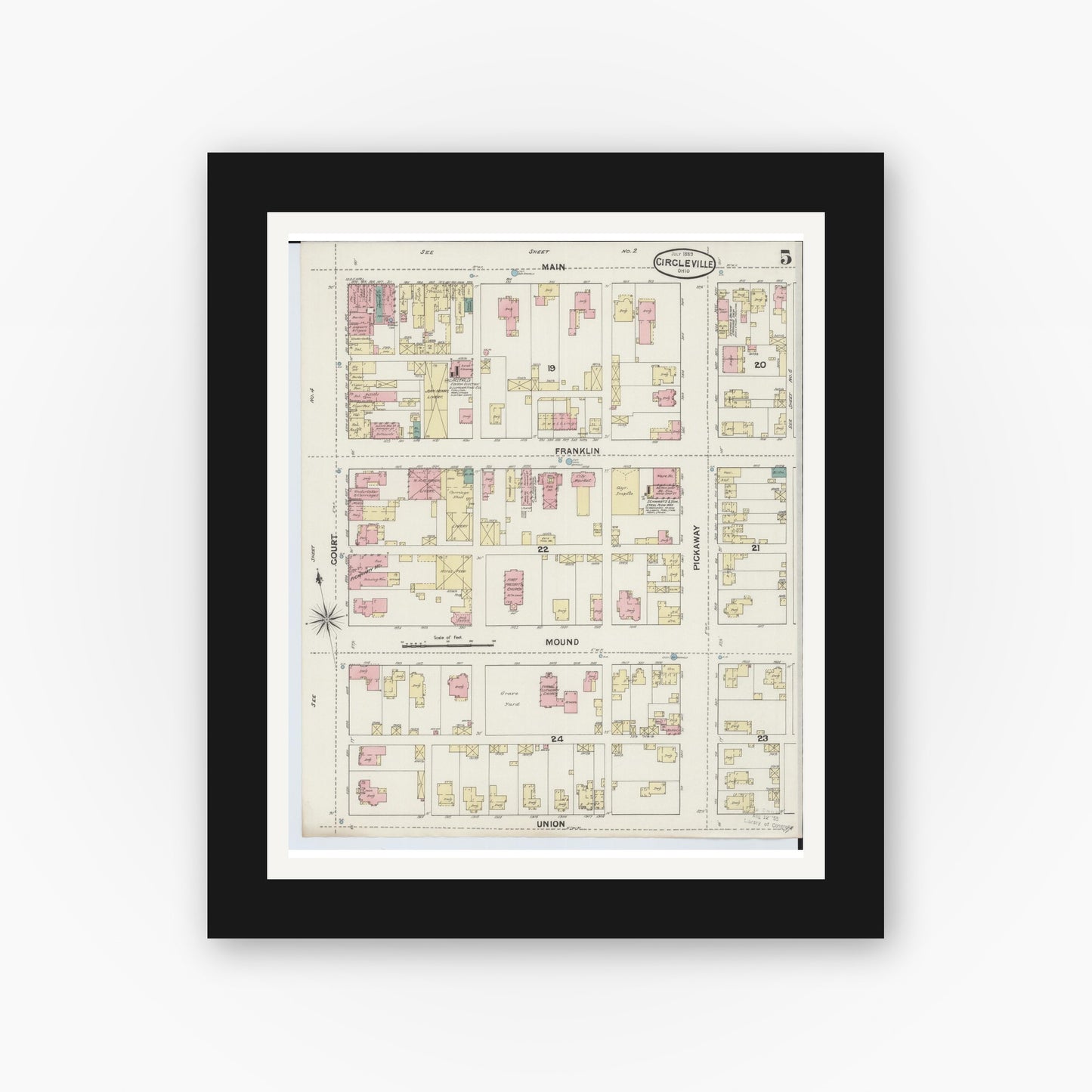 Old map wall art mockup — black gallery frame with white mat — Sanborn Fire Insurance Map from Circleville, Pickaway County, Ohio (1889), Sheet #0005