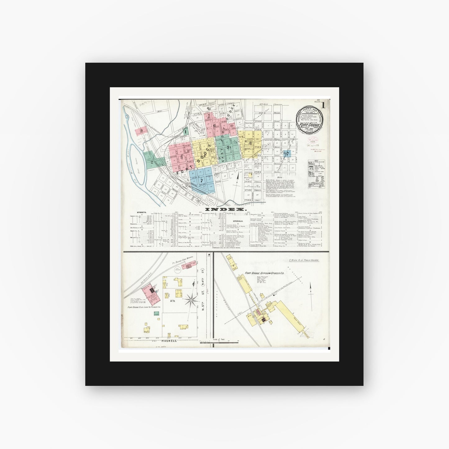 Old map wall art mockup — black gallery frame with white mat — Sanborn Fire Insurance Map from Fort Dodge, Webster County, Iowa (1896) — Complete Set
