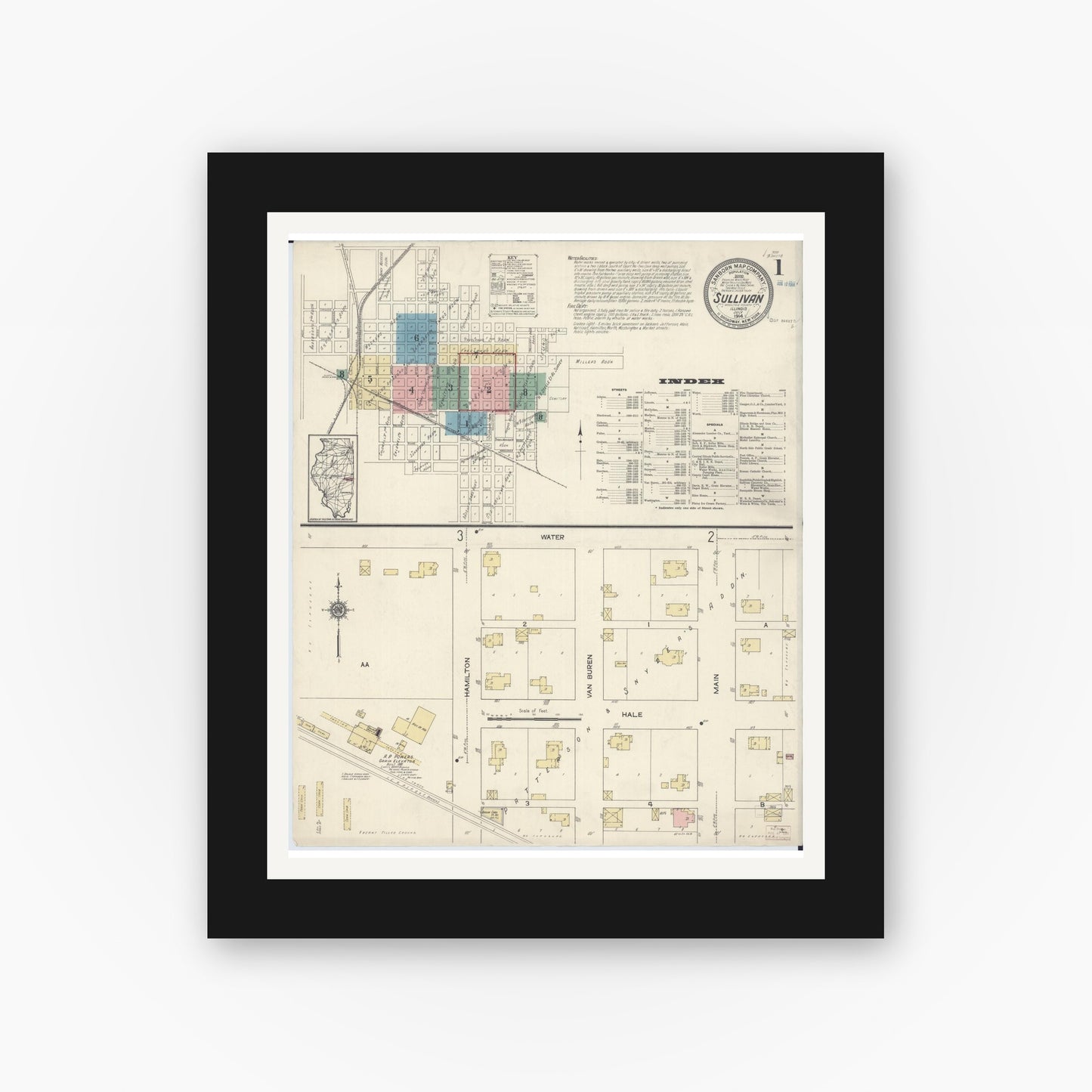Old map wall art mockup — black gallery frame with white mat — Sanborn Fire Insurance Map from Sullivan, Moultrie County, Illinois (1914) - Complete Map Set