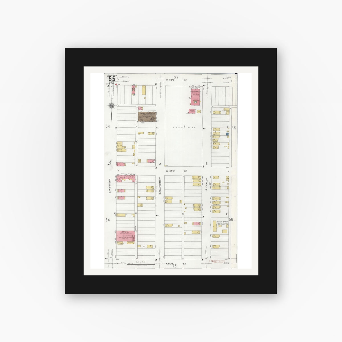 Old map wall art mockup — black gallery frame with white mat — Sanborn Fire Insurance Map from Chicago, Cook County, Illinois (1920), Sheet #0055