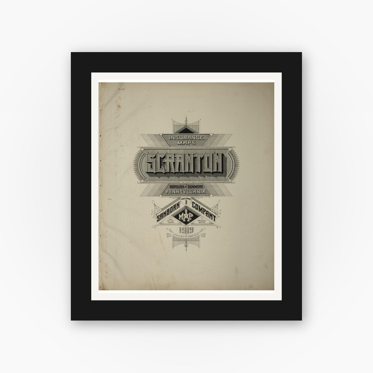 Old map wall art mockup — black gallery frame with white mat — Sanborn Fire Insurance Map from Scranton, Lackawanna County, Pennsylvania (1919), Sheet #0001