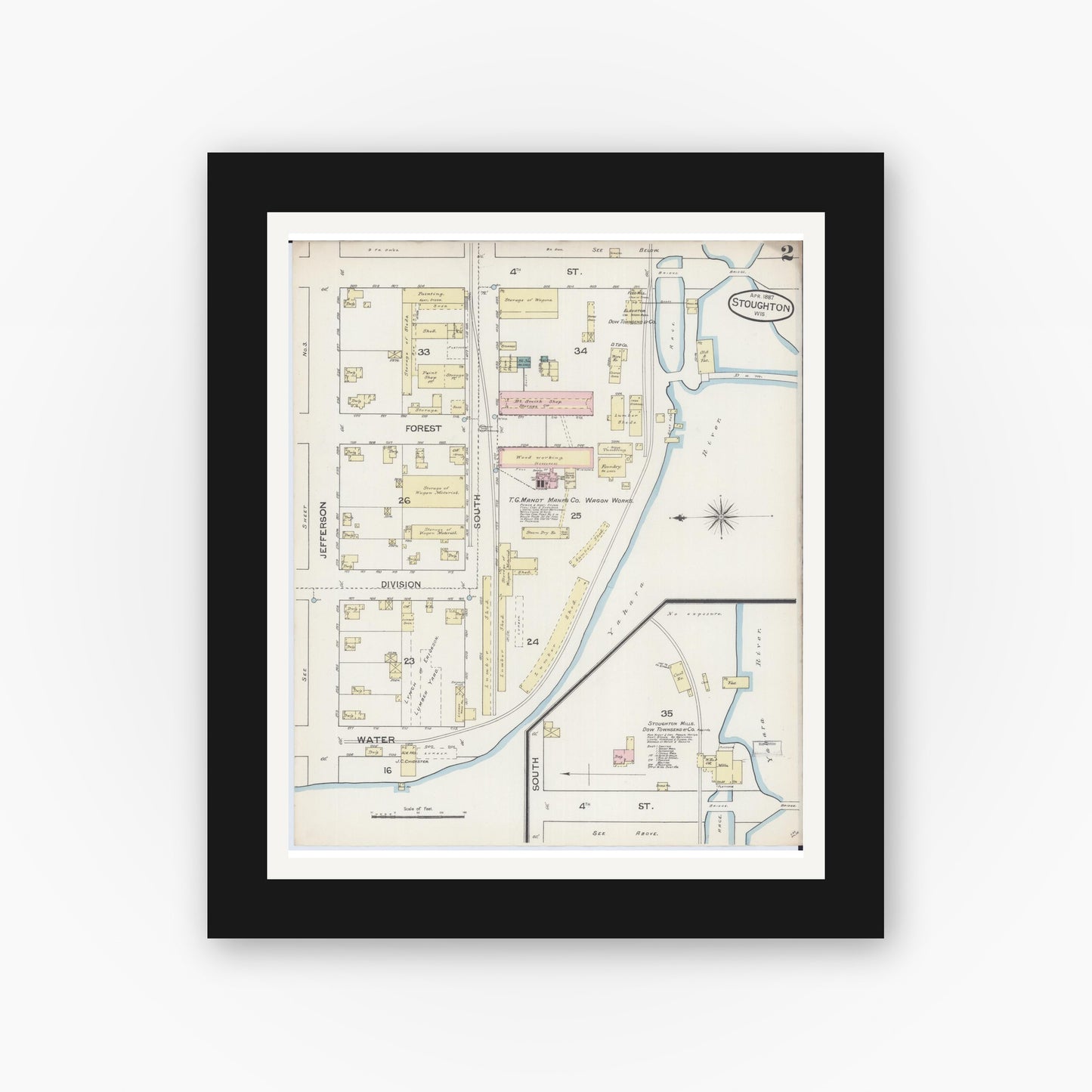 Old map wall art mockup — black gallery frame with white mat — Sanborn Fire Insurance Map from Stoughton, Dane County, Wisconsin (1887), Sheet #0002