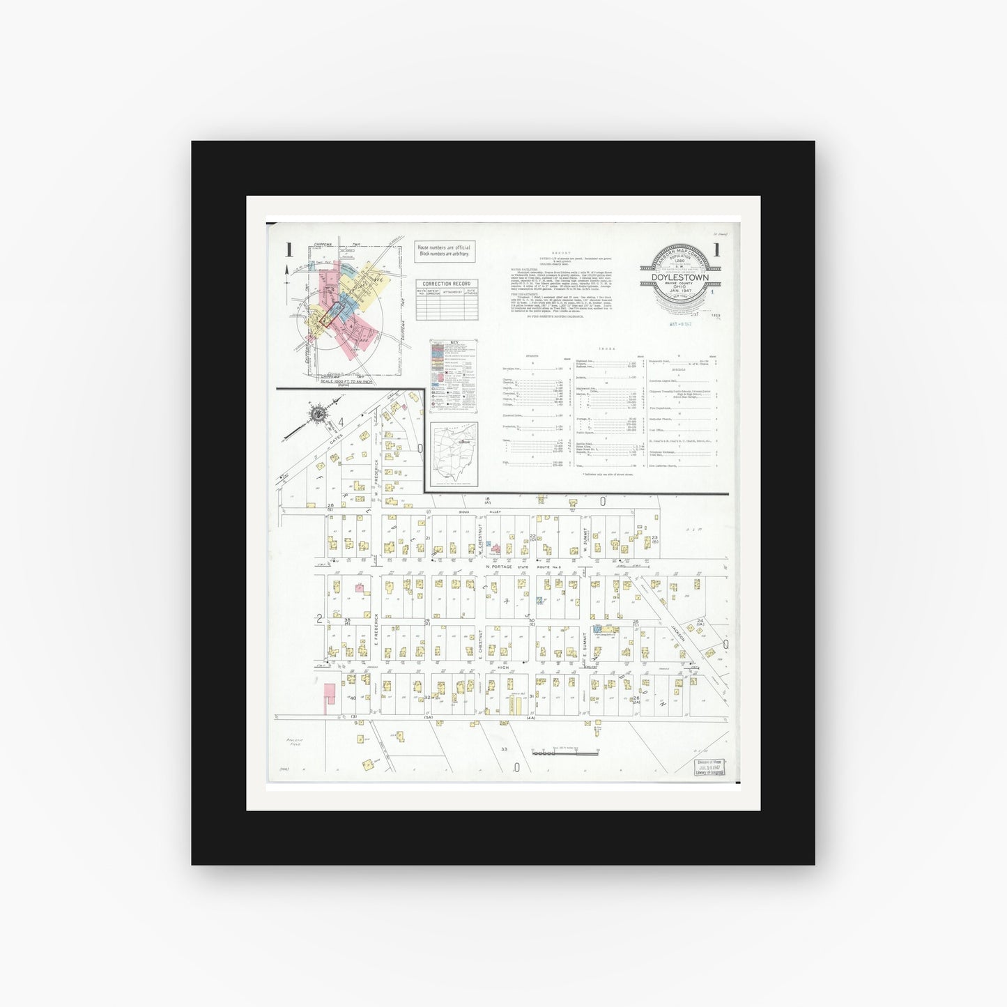 Old map wall art mockup — black gallery frame with white mat — Sanborn Fire Insurance Map from Doylestown, Wayne County, Ohio (1947), Sheet #0001