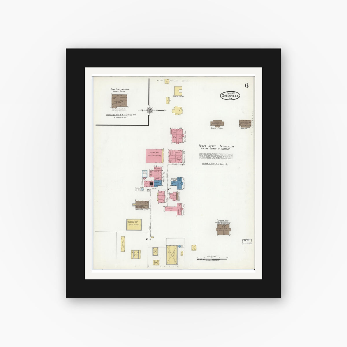 Old map wall art mockup — black gallery frame with white mat — Sanborn Fire Insurance Map from Gatesville, Coryell County, Texas (1920), Sheet #0006