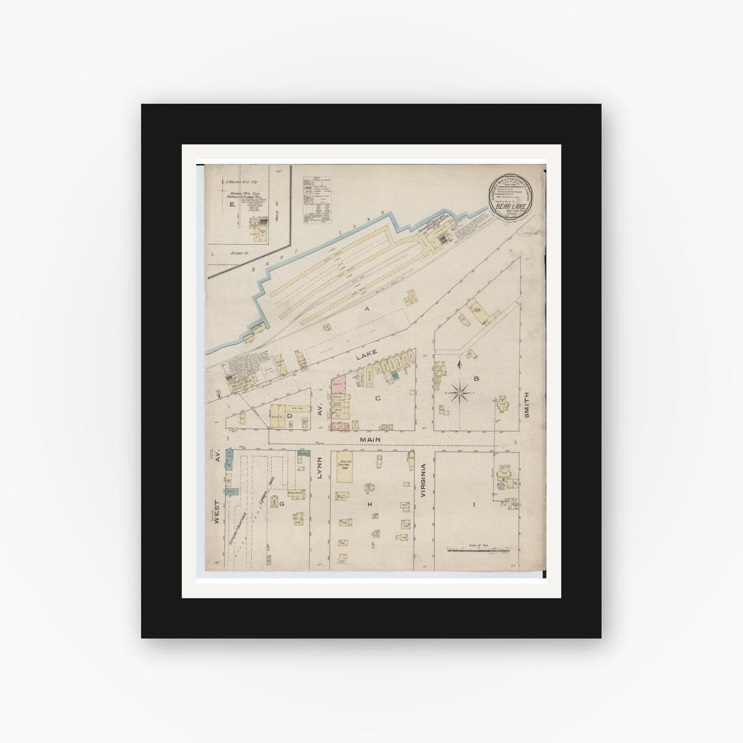 Old map wall art mockup — black gallery frame with white mat — Sanborn Fire Insurance Map from Bear Lake, Manistee County, Michigan (1885), Sheet #0001