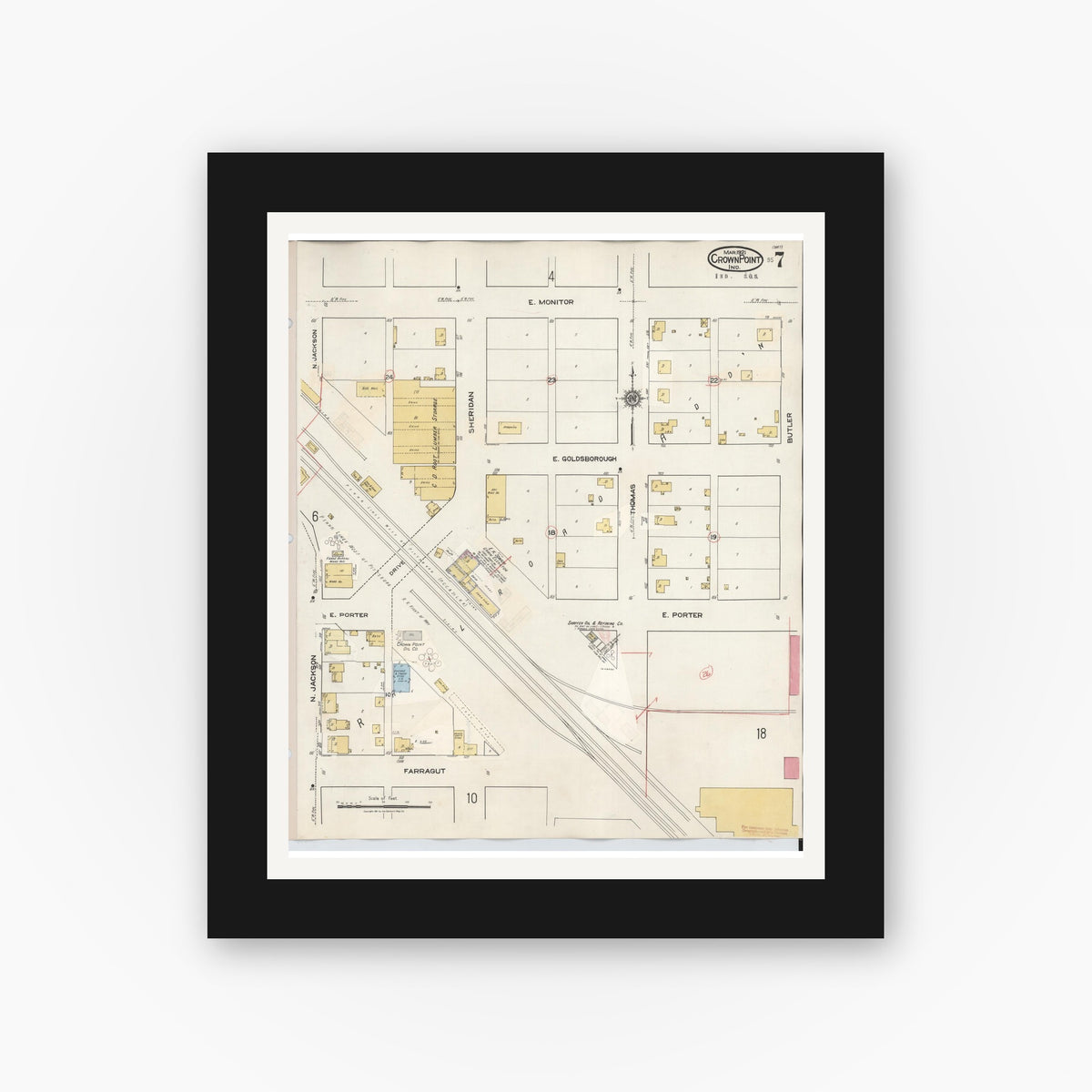 Old map wall art mockup — black gallery frame with white mat — Sanborn Fire Insurance Map from Crown Point, Lake County, Indiana (1948), Sheet #0007