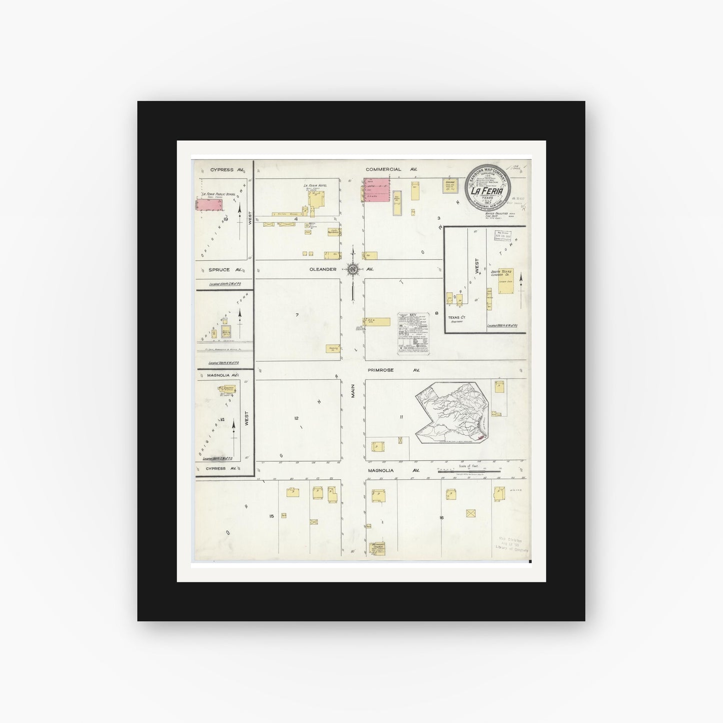 Old map wall art mockup — black gallery frame with white mat — Sanborn Fire Insurance Map from La Feria, Cameron County, Texas (1917), Sheet #0001