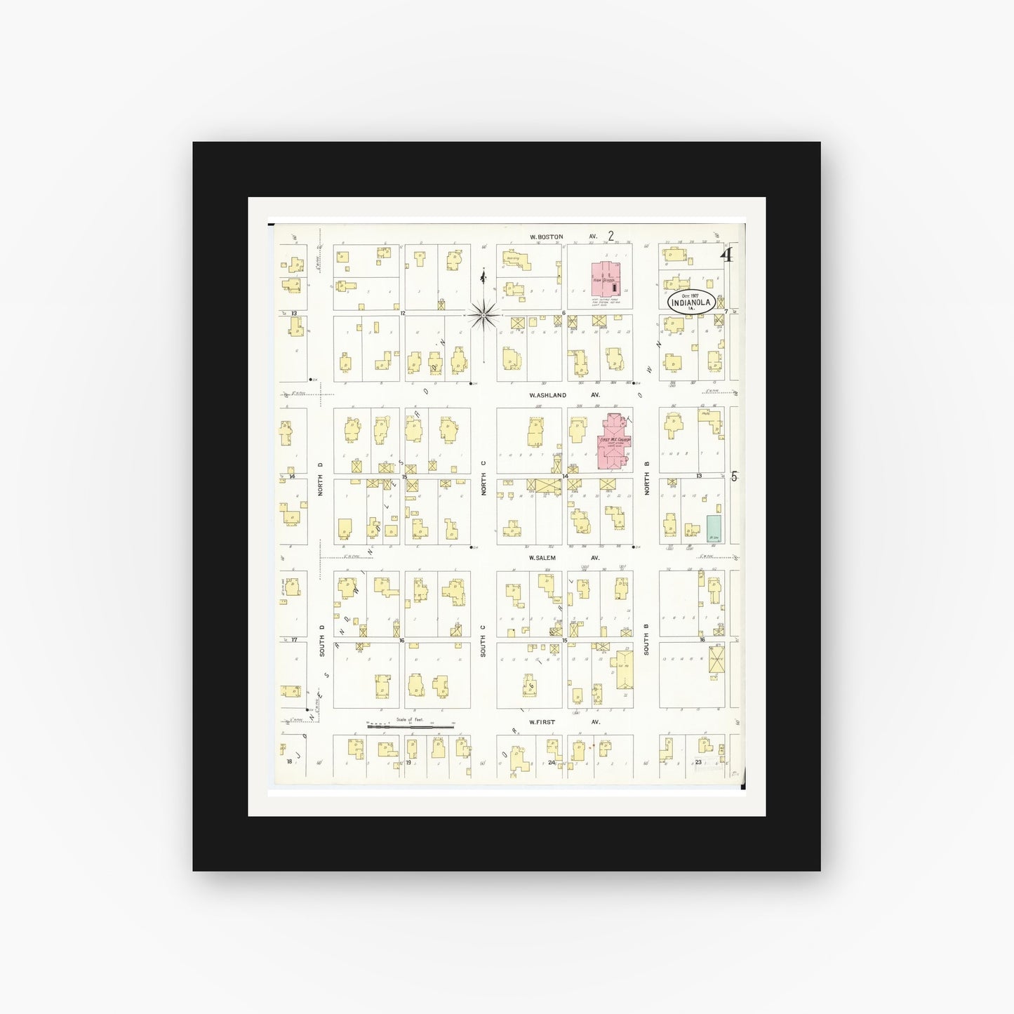Old map wall art mockup — black gallery frame with white mat — Sanborn Fire Insurance Map from Indianola, Warren County, Iowa (1907), Sheet #0004