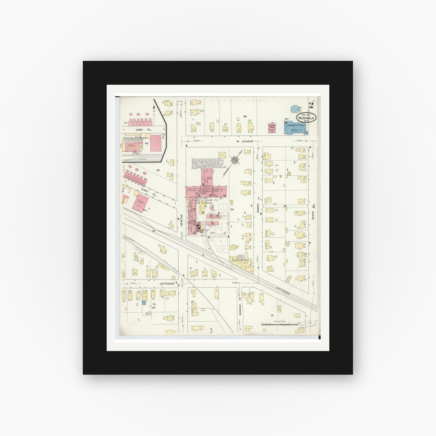 Old map wall art mockup — black gallery frame with white mat — Sanborn Fire Insurance Map from Norwalk, Huron County, Ohio (1911), Sheet #0002