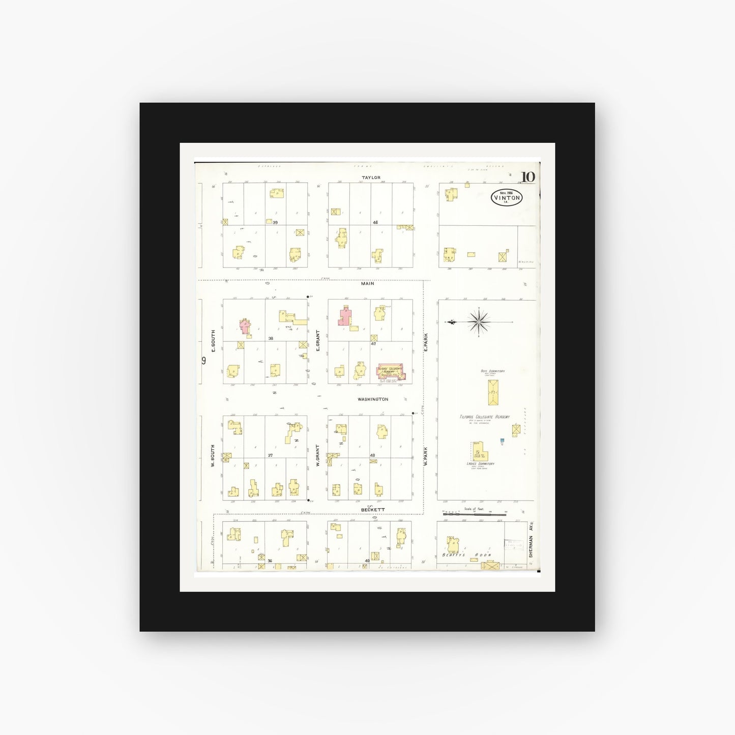 Old map wall art mockup — black gallery frame with white mat — Sanborn Fire Insurance Map from Vinton, Benton County, Iowa (1906), Sheet #0010