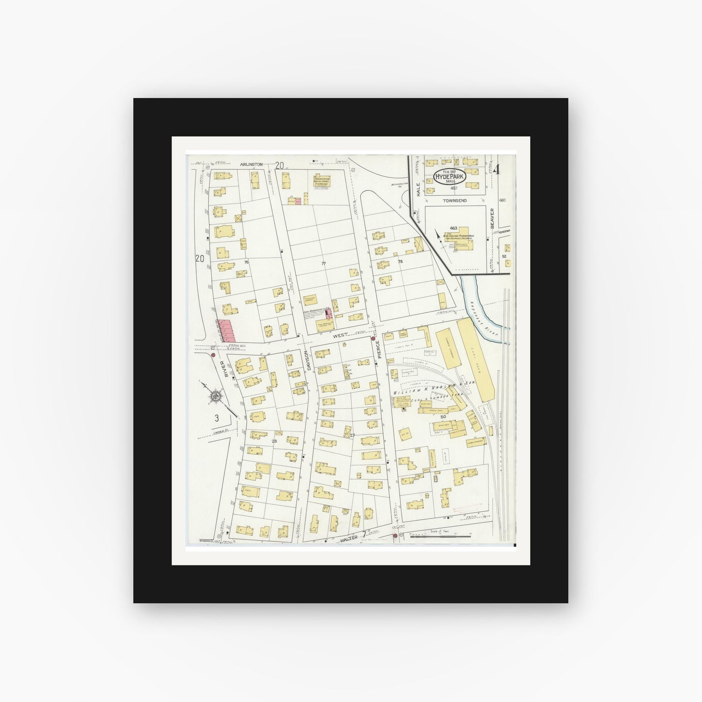 Old map wall art mockup — black gallery frame with white mat — Sanborn Fire Insurance Map from Hyde Park, Norfolk County, Massachusetts (1917), Sheet #0004