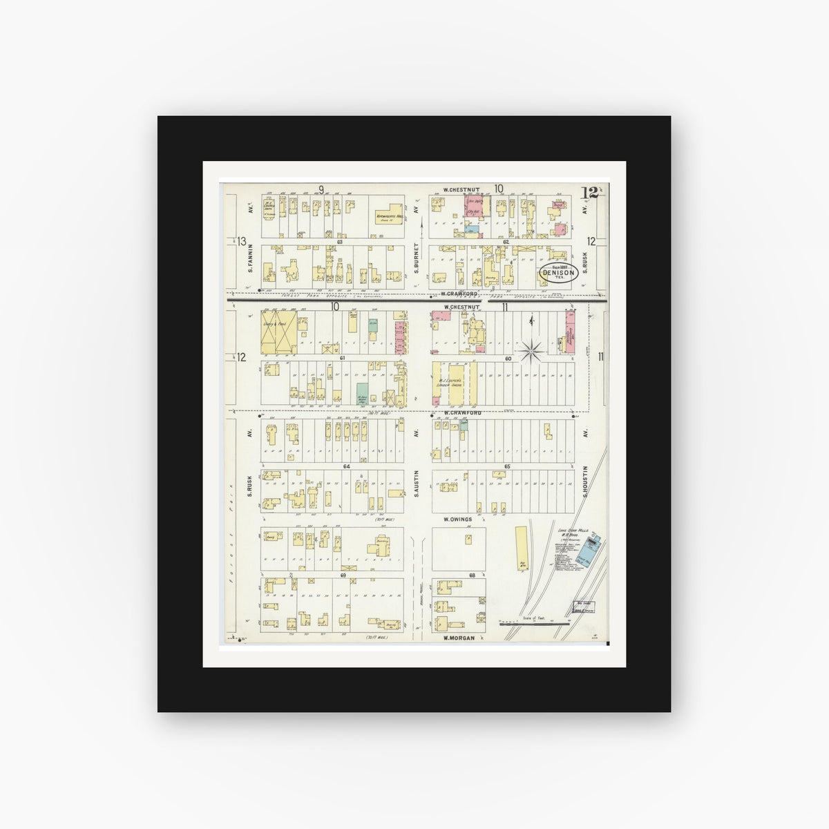 Old map wall art mockup — black gallery frame with white mat — Sanborn Fire Insurance Map from Denison, Grayson County, Texas (1897), Sheet #0012