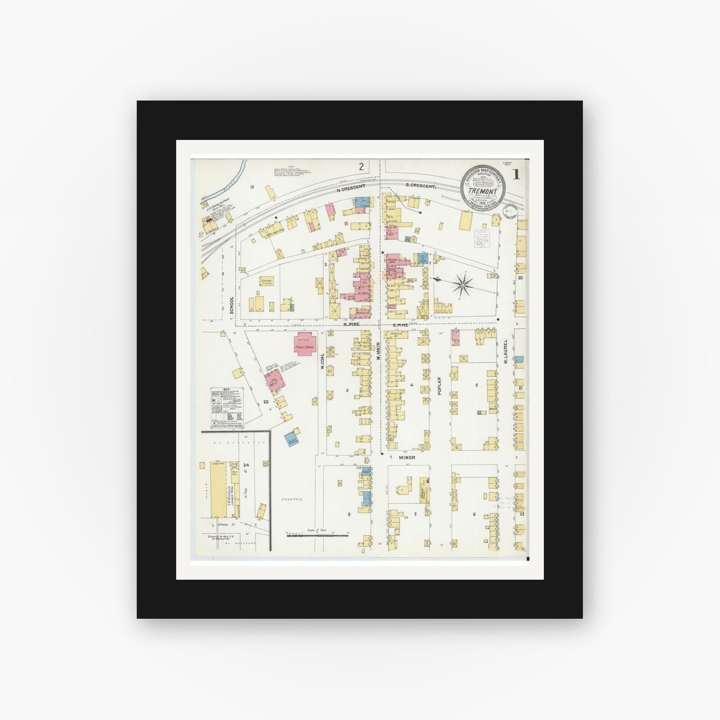 Old map wall art mockup — black gallery frame with white mat — Sanborn Fire Insurance Map from Tremont, Schuylkill County, Pennsylvania (1902) - Complete Map Set
