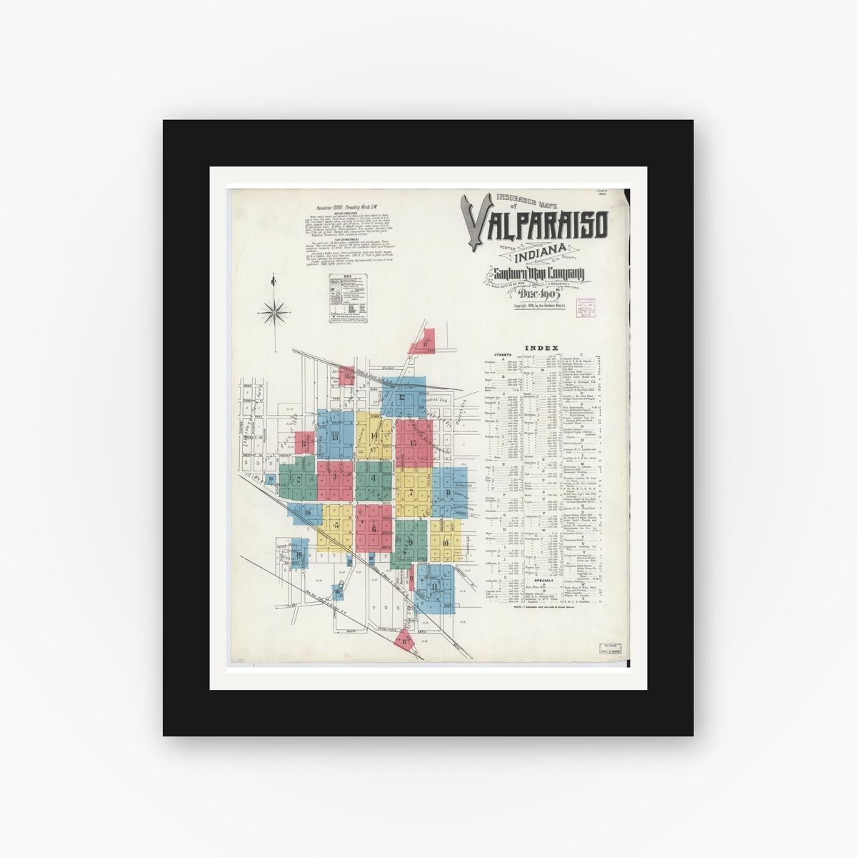 Old map wall art mockup — black gallery frame with white mat — Sanborn Fire Insurance Map from Valparaiso, Porter County, Indiana (1905) - Complete Map Set