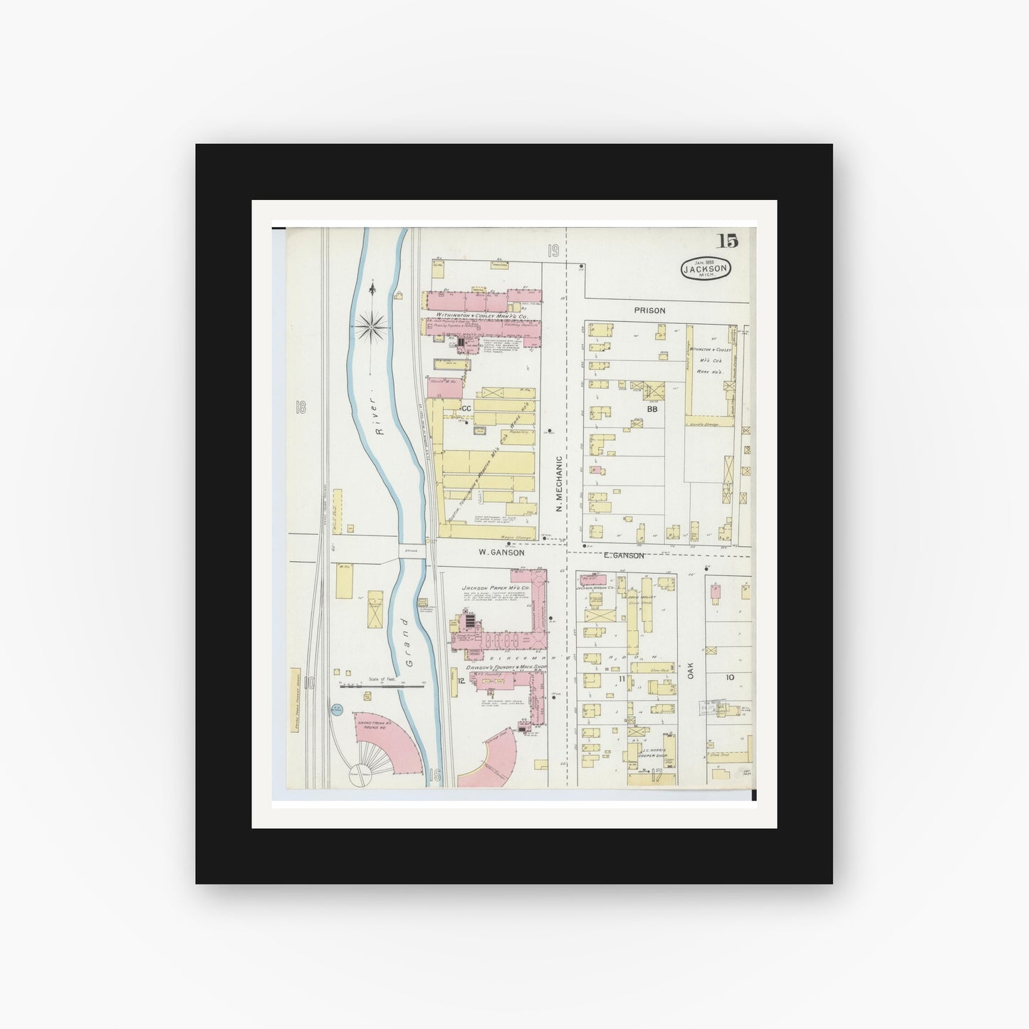 Old map wall art mockup — black gallery frame with white mat — Sanborn Fire Insurance Map from Jackson, Jackson County, Michigan (1893), Sheet #0015