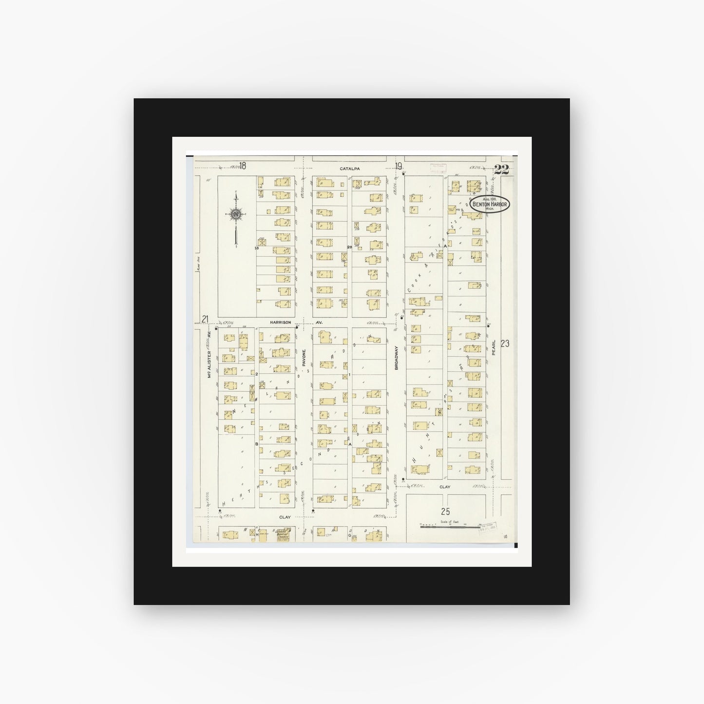 Old map wall art mockup — black gallery frame with white mat — Sanborn Fire Insurance Map from Benton Harbor, Berrien County, Michigan (1911), Sheet #0022