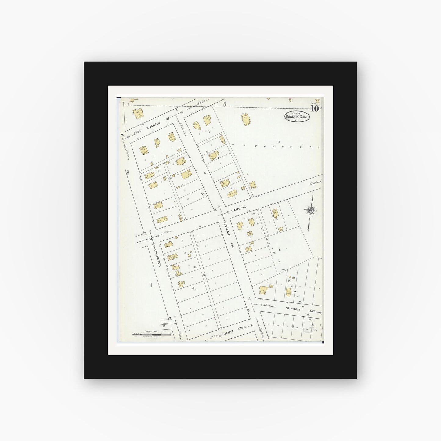 Old map wall art mockup — black gallery frame with white mat — Sanborn Fire Insurance Map from Downers Grove, Dupage County, Illinois (1921), Sheet #0010