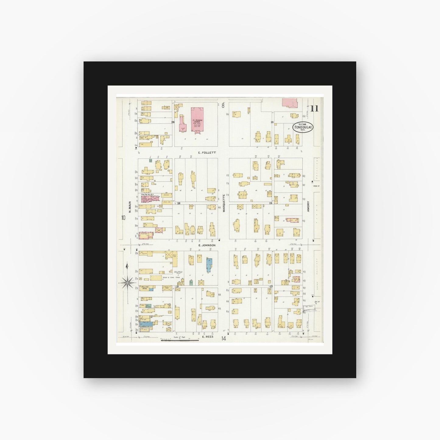 Old map wall art mockup — black gallery frame with white mat — Sanborn Fire Insurance Map from Fond du Lac, Fond du Lac County, Wisconsin (1908), Sheet #0011