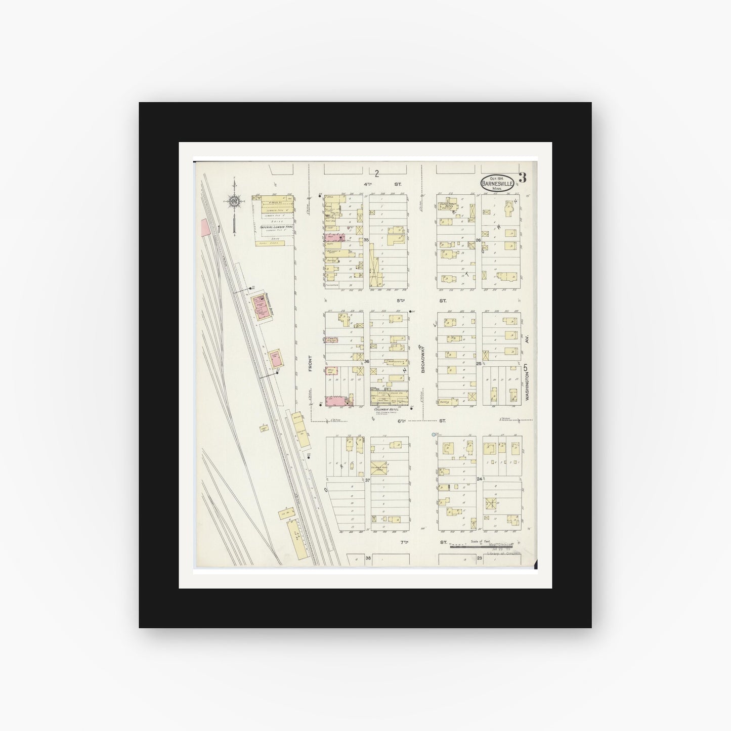 Old map wall art mockup — black gallery frame with white mat — Sanborn Fire Insurance Map from Barnesville, Clay County, Minnesota (1914), Sheet #0003