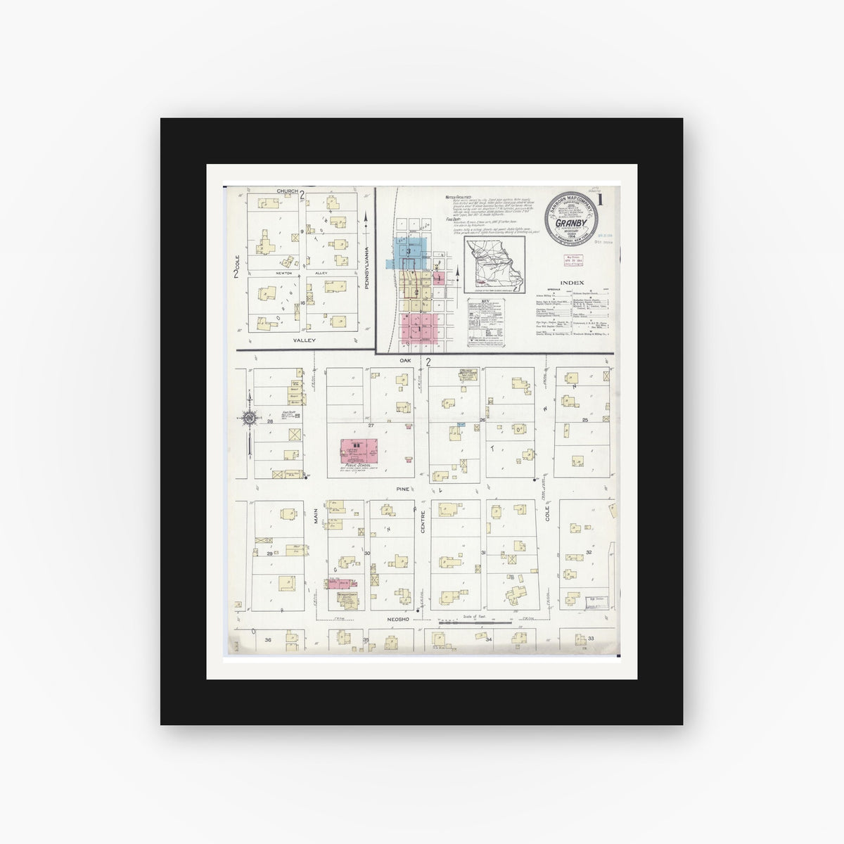 Old map wall art mockup — black gallery frame with white mat — Sanborn Fire Insurance Map from Granby, Newton County, Missouri (1914), Sheet #0001