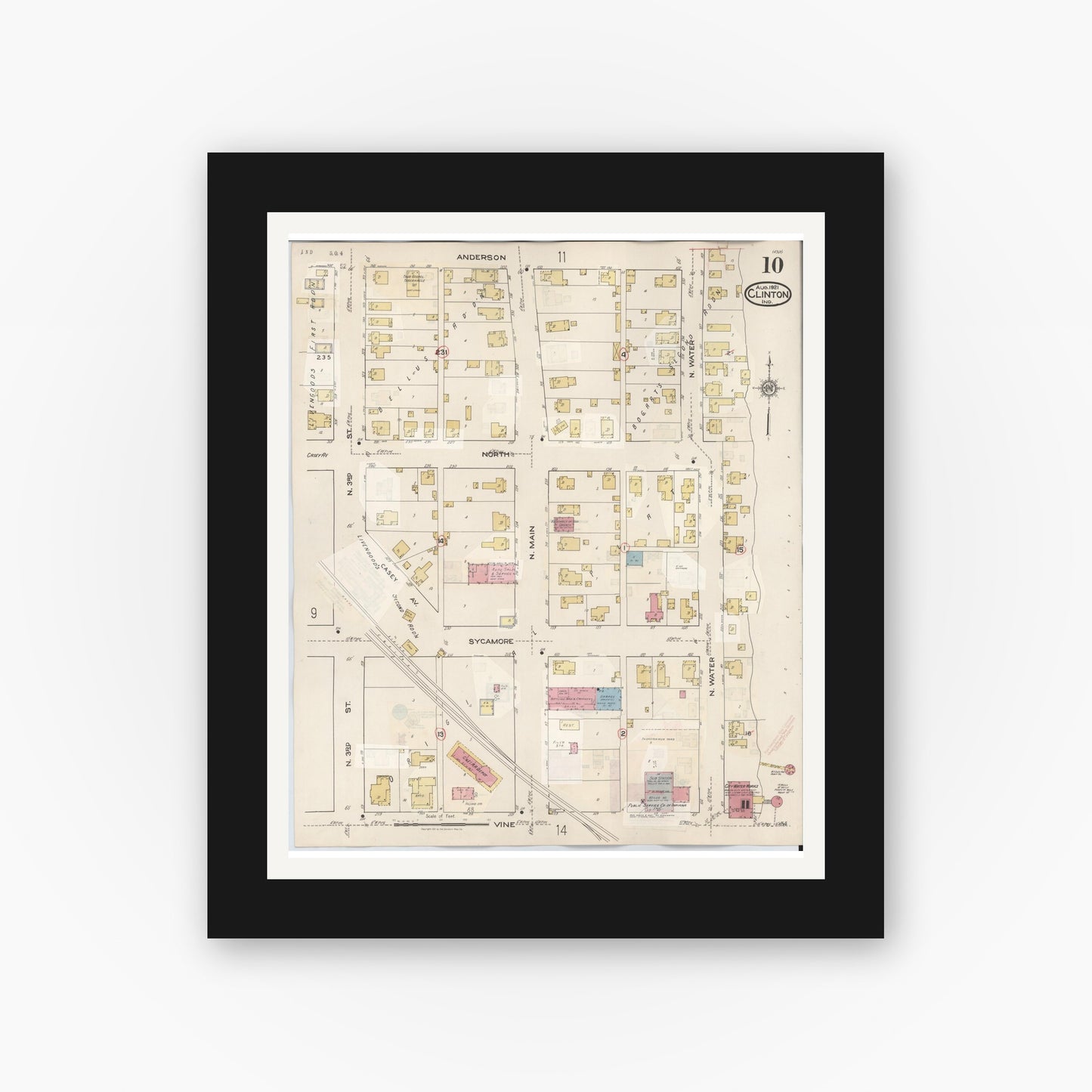 Old map wall art mockup — black gallery frame with white mat — Sanborn Fire Insurance Map from Clinton, Vermillion County, Indiana (1947), Sheet #0010