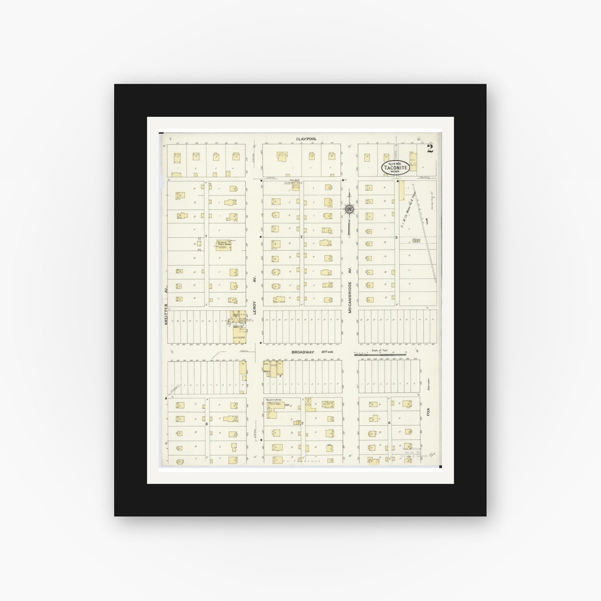Old map wall art mockup — black gallery frame with white mat — Sanborn Fire Insurance Map from Taconite, Ltasca County, Minnesota (1909), Sheet #0002