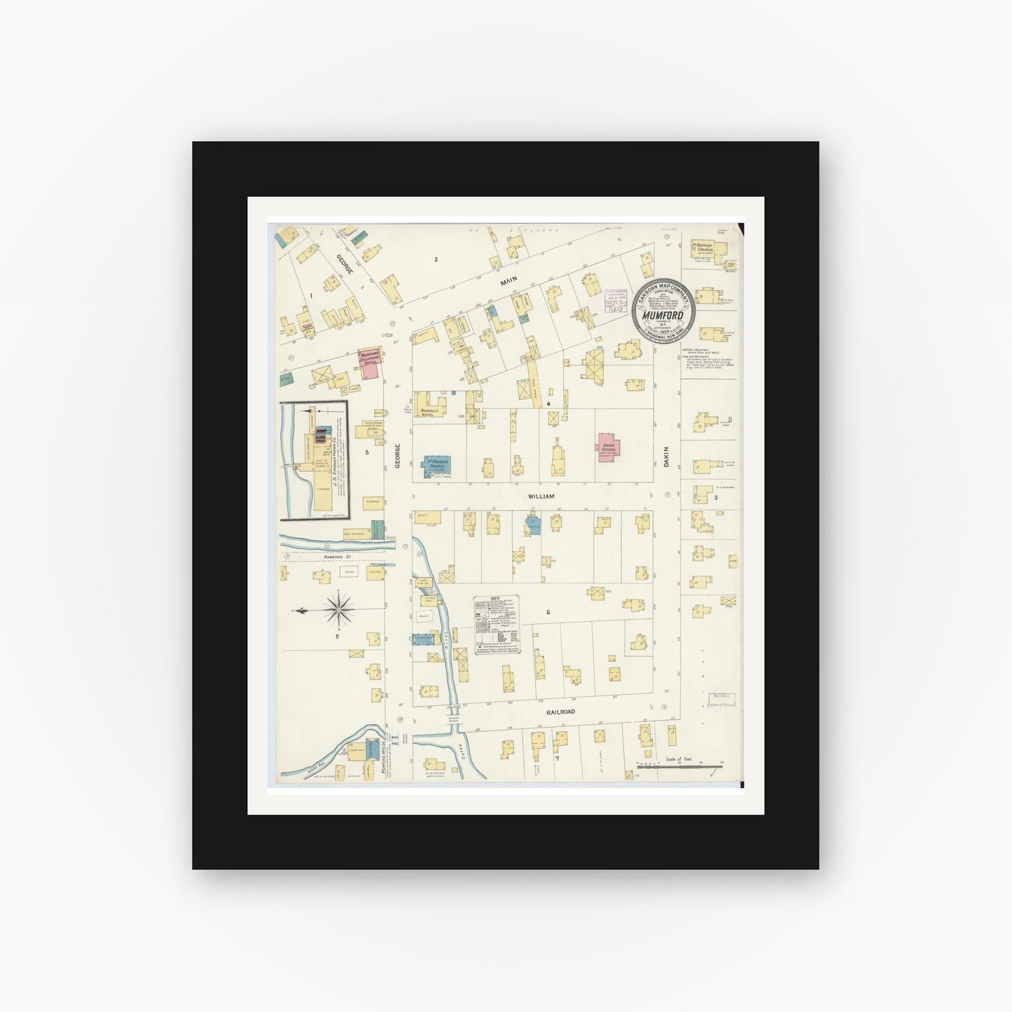 Old map wall art mockup — black gallery frame with white mat — Sanborn Fire Insurance Map from Mumford, Monroe County, New York (1907), Sheet #0001