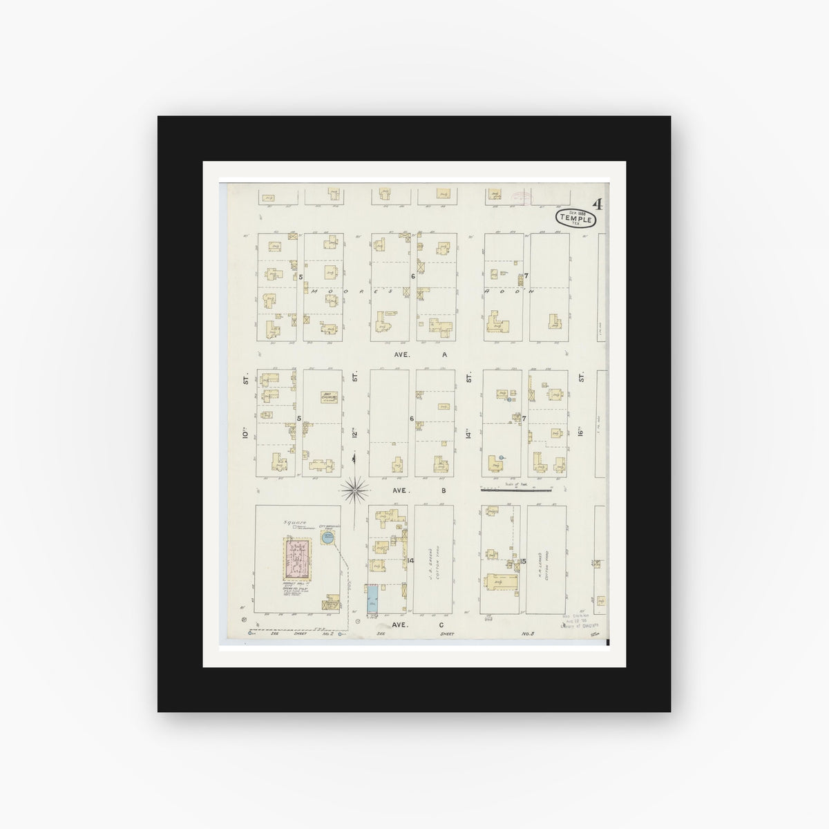 Old map wall art mockup — black gallery frame with white mat — Sanborn Fire Insurance Map from Temple, Bell County, Texas (1888), Sheet #0004