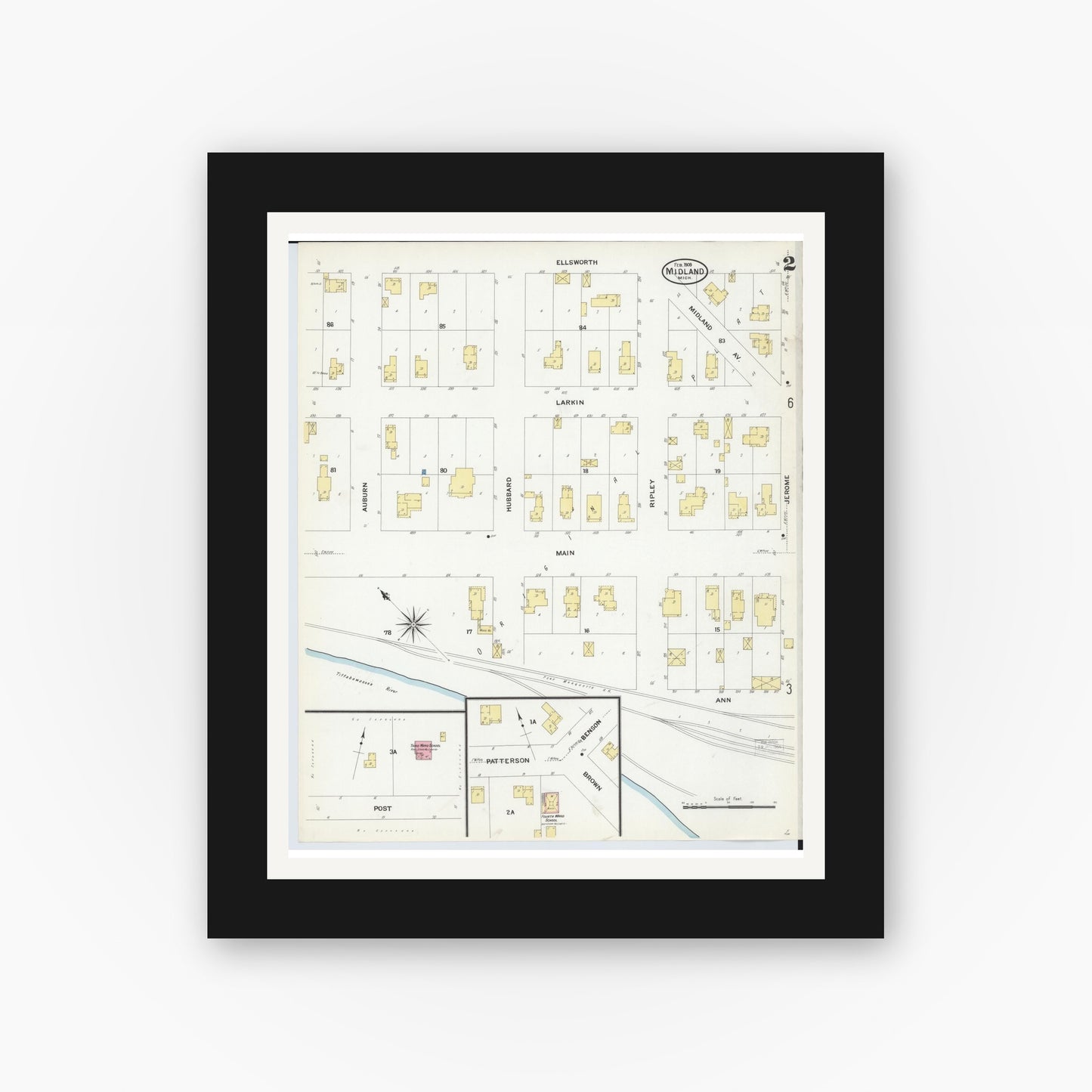 Old map wall art mockup — black gallery frame with white mat — Sanborn Fire Insurance Map from Midland, Midland County, Michigan (1909), Sheet #0002