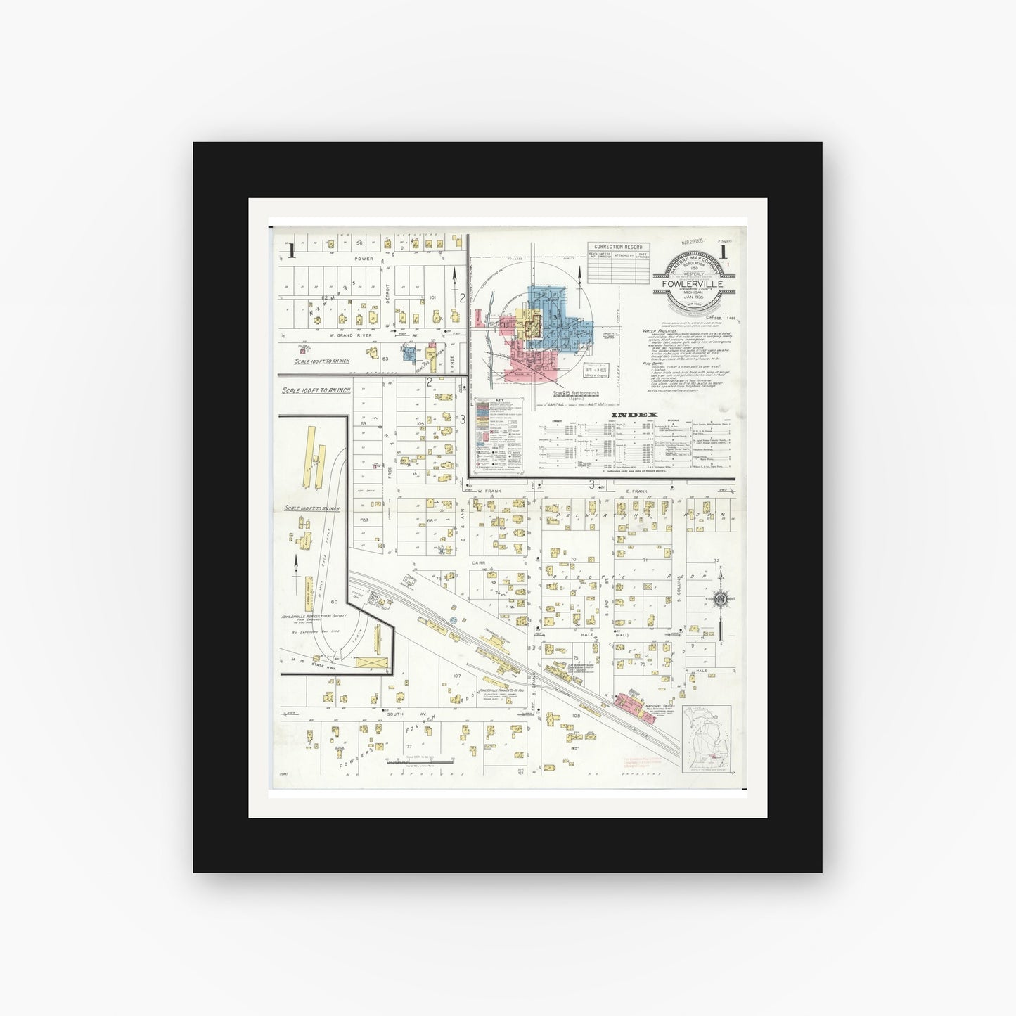 Old map wall art mockup — black gallery frame with white mat — Sanborn Fire Insurance Map from Fowlerville, Livingston County, Michigan (1935) - Complete Map Set