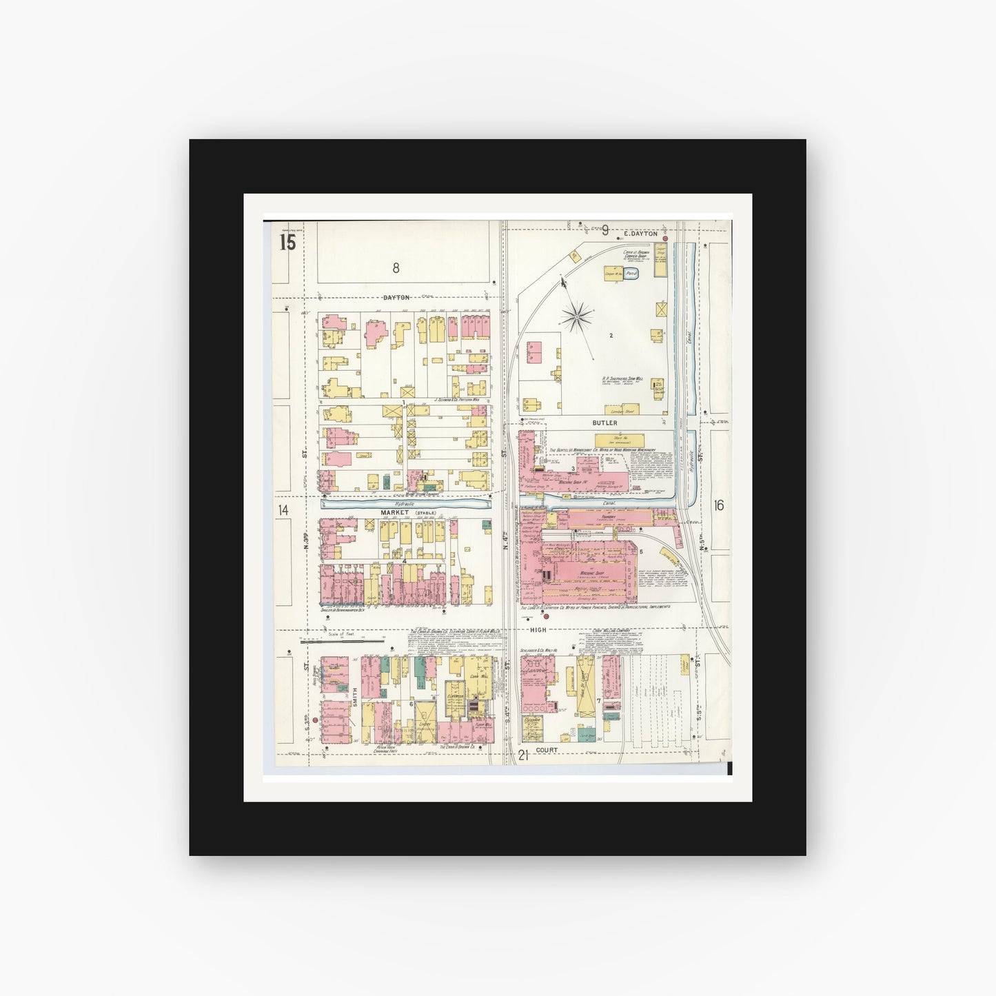 Old map wall art mockup — black gallery frame with white mat — Sanborn Fire Insurance Map from Hamilton, Butler County, Ohio (1899), Sheet #0015