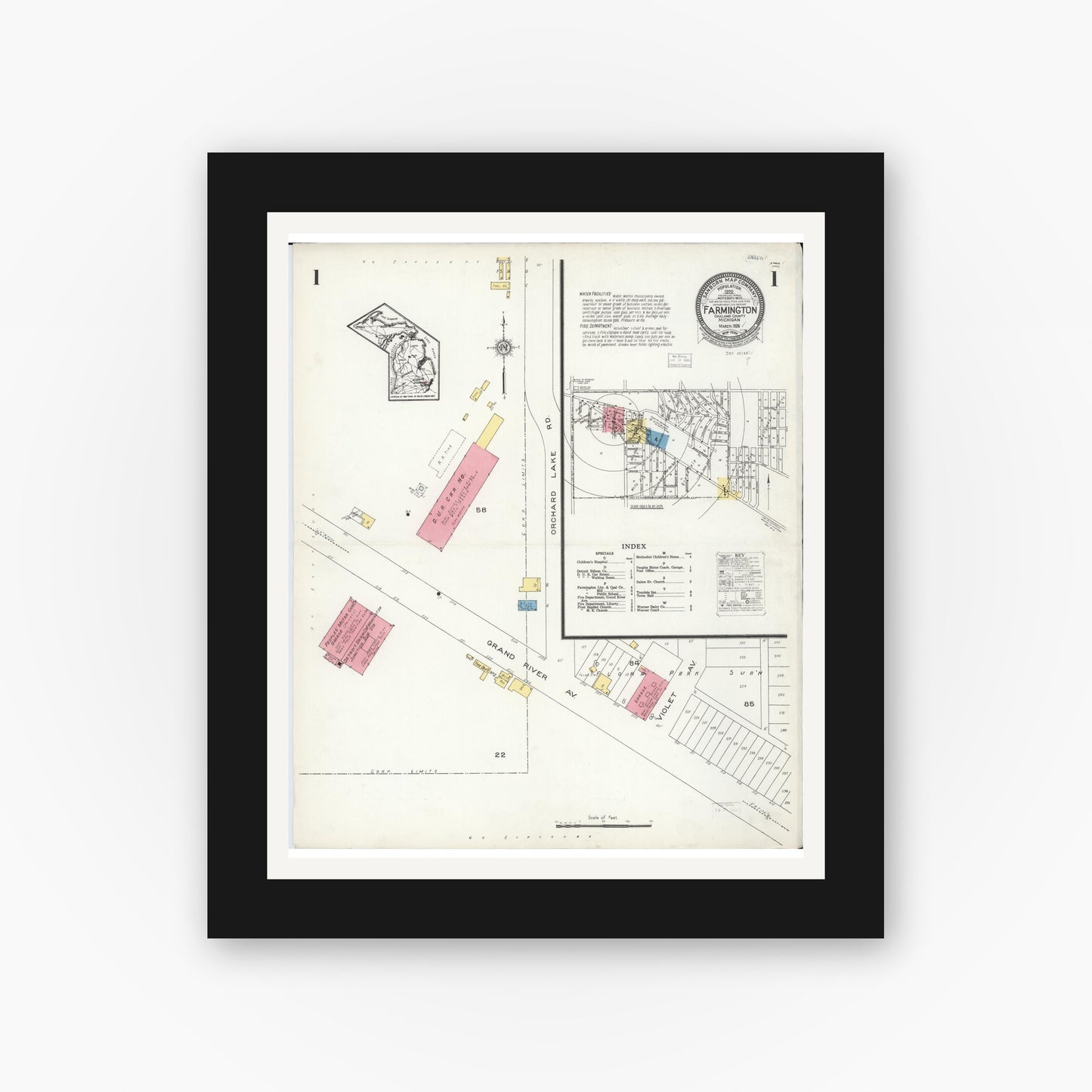 Old map wall art mockup — black gallery frame with white mat — Sanborn Fire Insurance Map from Farmington, Oakland County, Michigan (1926), Sheet #0001