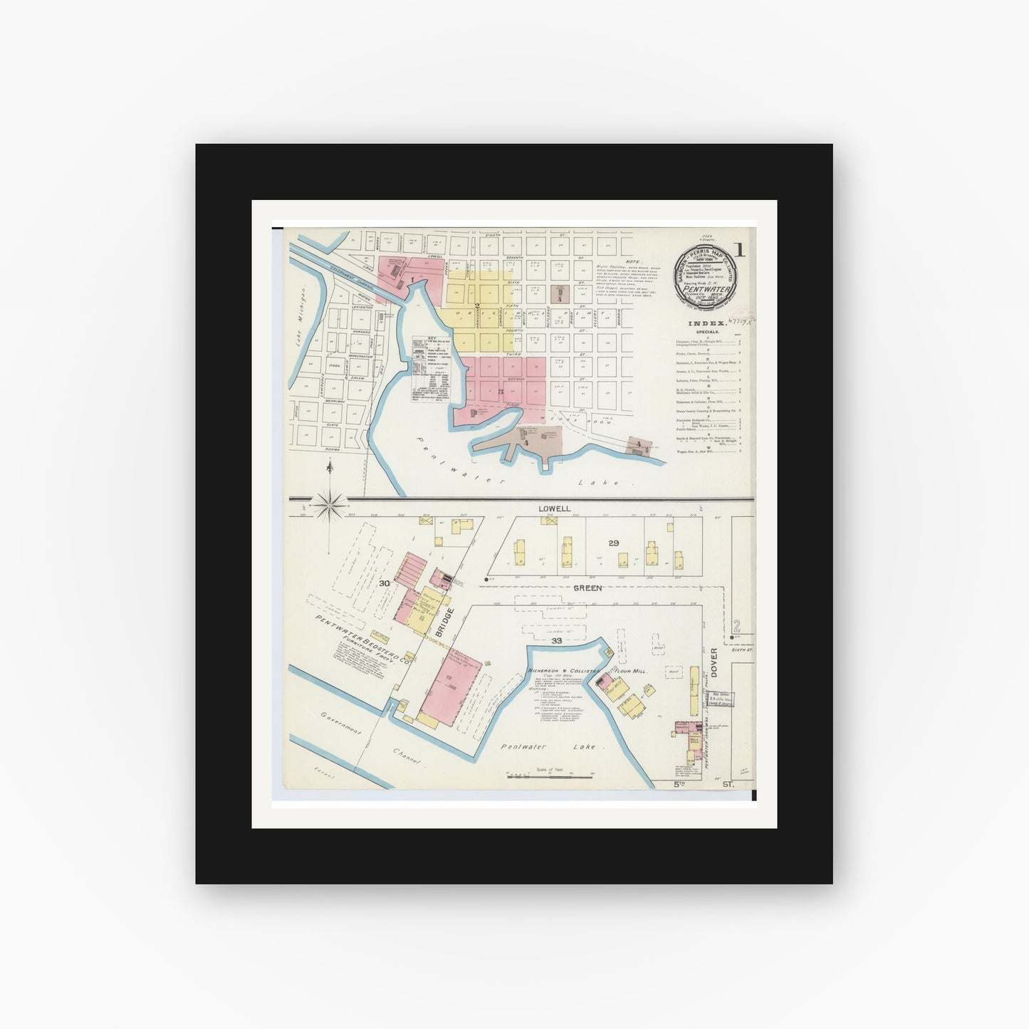 Old map wall art mockup — black gallery frame with white mat — Sanborn Fire Insurance Map from Pentwater, Oceana County, Michigan (1892) - Complete Map Set