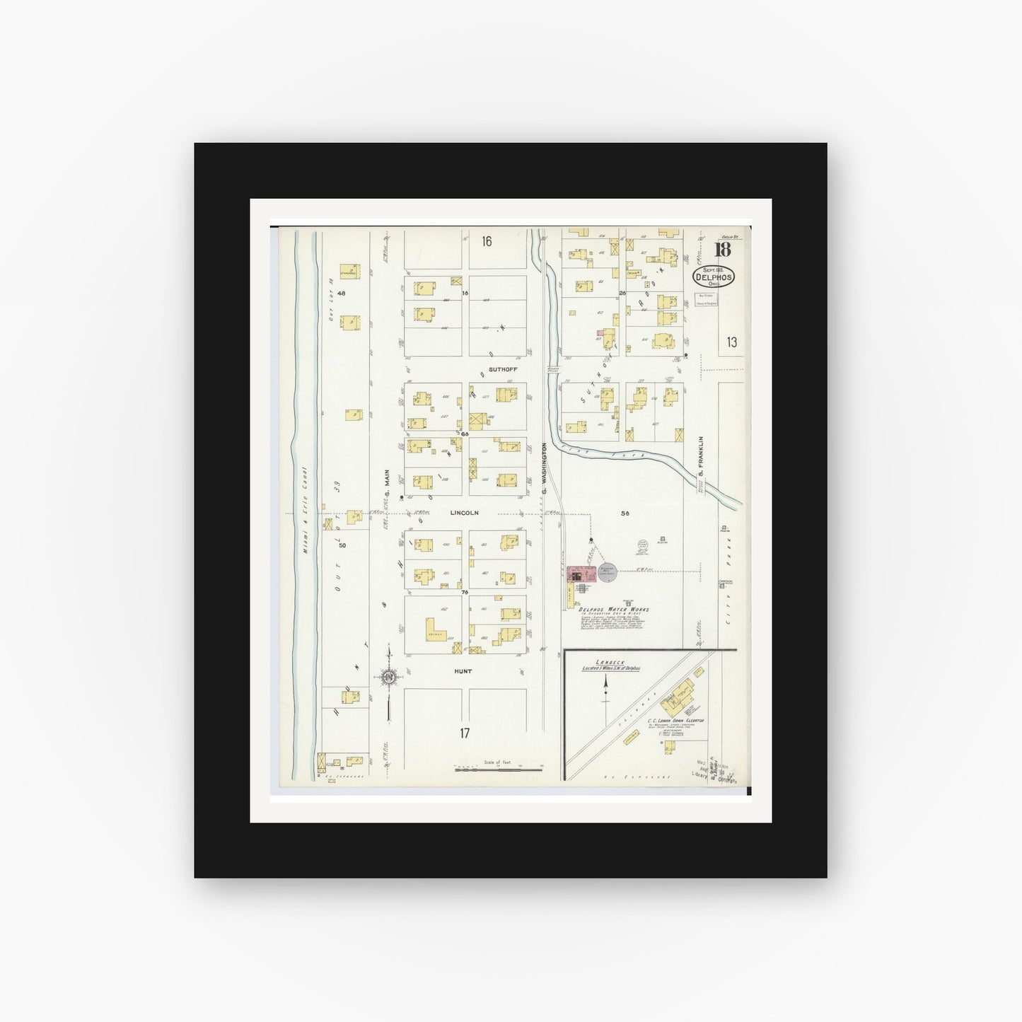 Old map wall art mockup — black gallery frame with white mat — Sanborn Fire Insurance Map from Delphos, Van Wert And Allen Counties, Ohio (1911), Sheet #0018