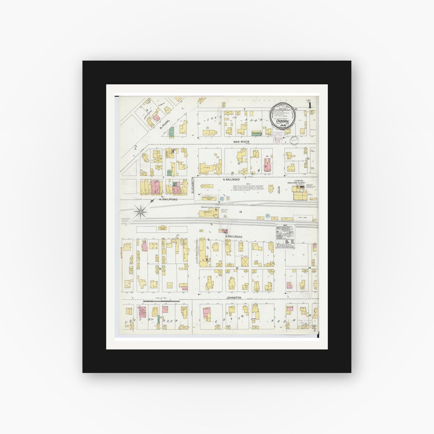 Old map wall art mockup — black gallery frame with white mat — Sanborn Fire Insurance Map from Osborn, Greene County, Ohio (1901) - Complete Map Set