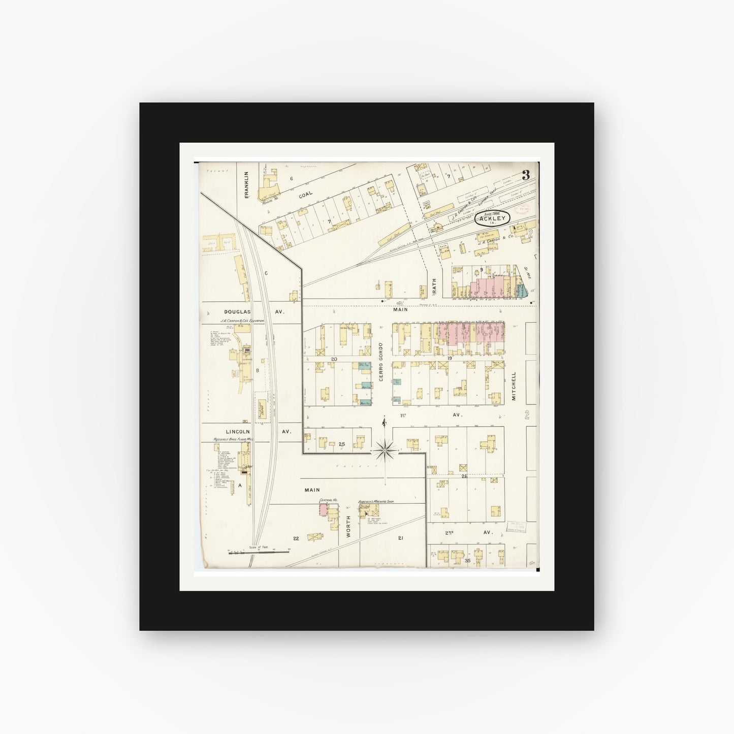 Old map wall art mockup β black gallery frame with white mat β Sanborn Fire Insurance Map from Ackley, Hardin and Franklin Counties, Iowa (1894), Sheet #0003