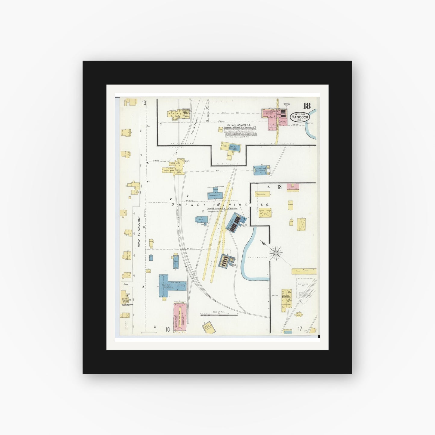 Old map wall art mockup — black gallery frame with white mat — Sanborn Fire Insurance Map from Hancock, Houghton County, Michigan (1907), Sheet #0018
