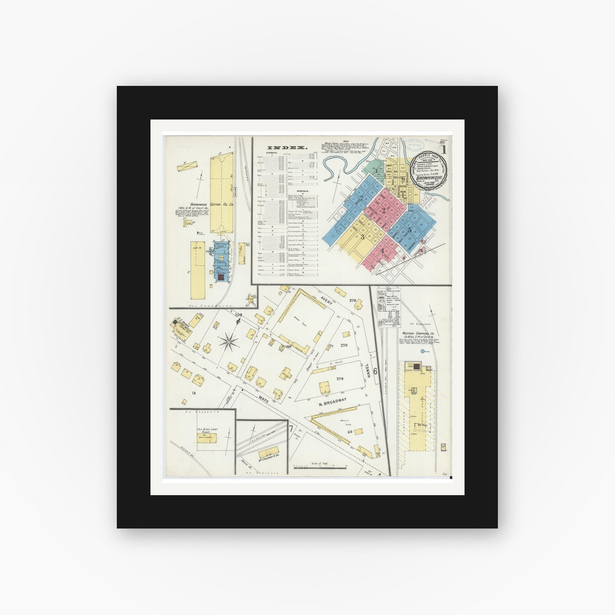 Old map wall art mockup — black gallery frame with white mat — Sanborn Fire Insurance Map from Brownwood, Brown County, Texas (1898) - Complete Map Set