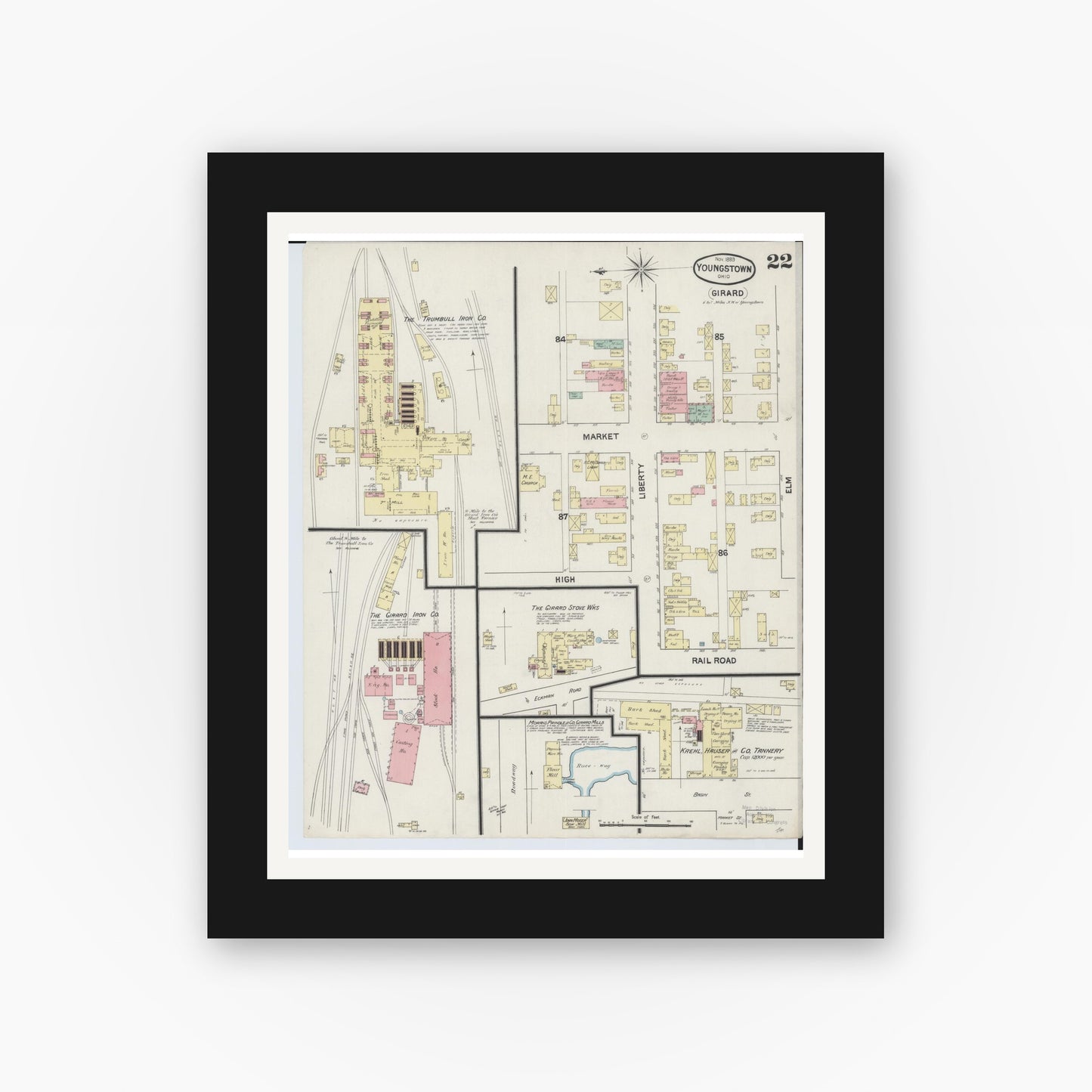 Old map wall art mockup — black gallery frame with white mat — Sanborn Fire Insurance Map from Youngstown, Mahoning County, Ohio (1889), Sheet #0022